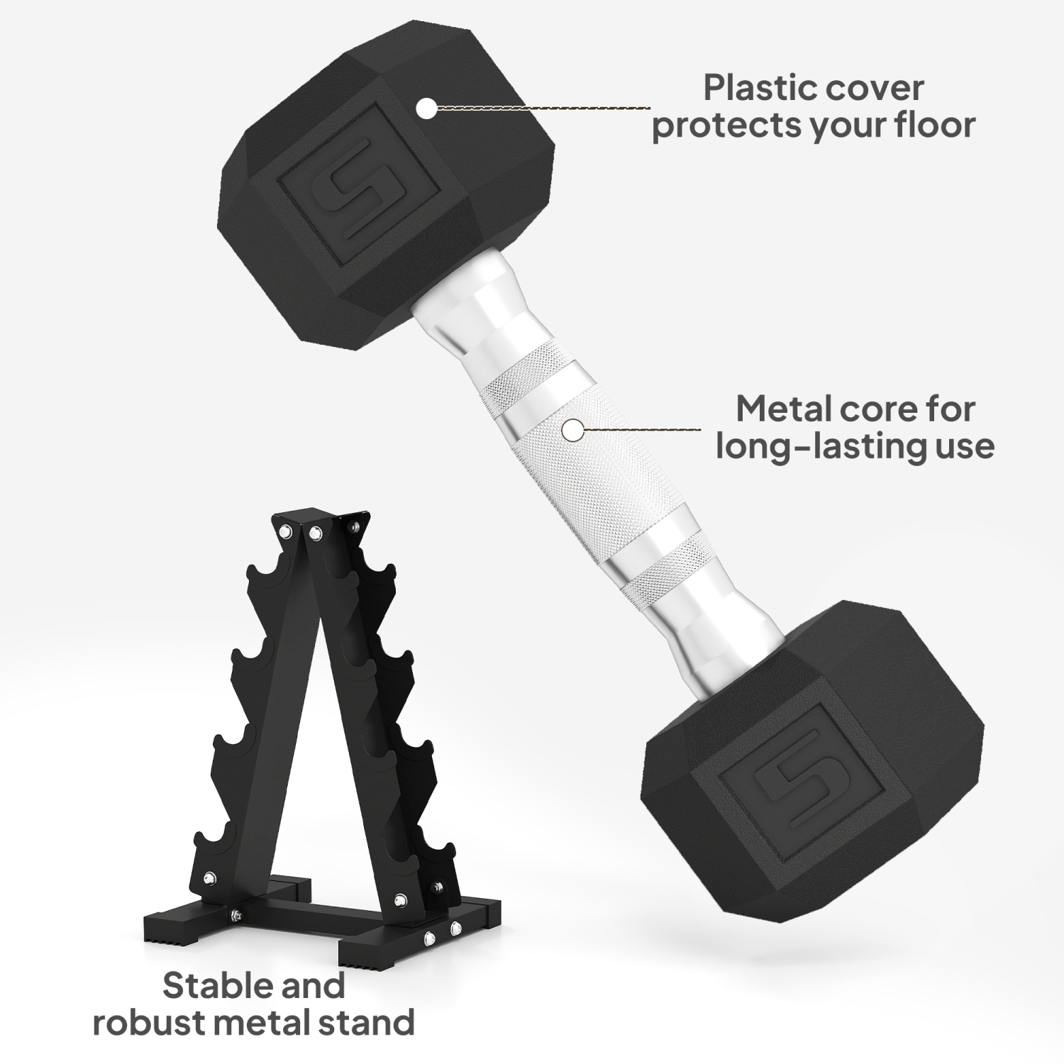 Soozier 100 LBS Hex Dumbbell Weight Set with Vertical Rack, Rubber Coated Weights Dumbbells, Non-Slip Chrome Handles, for Home Gym Strength Training,