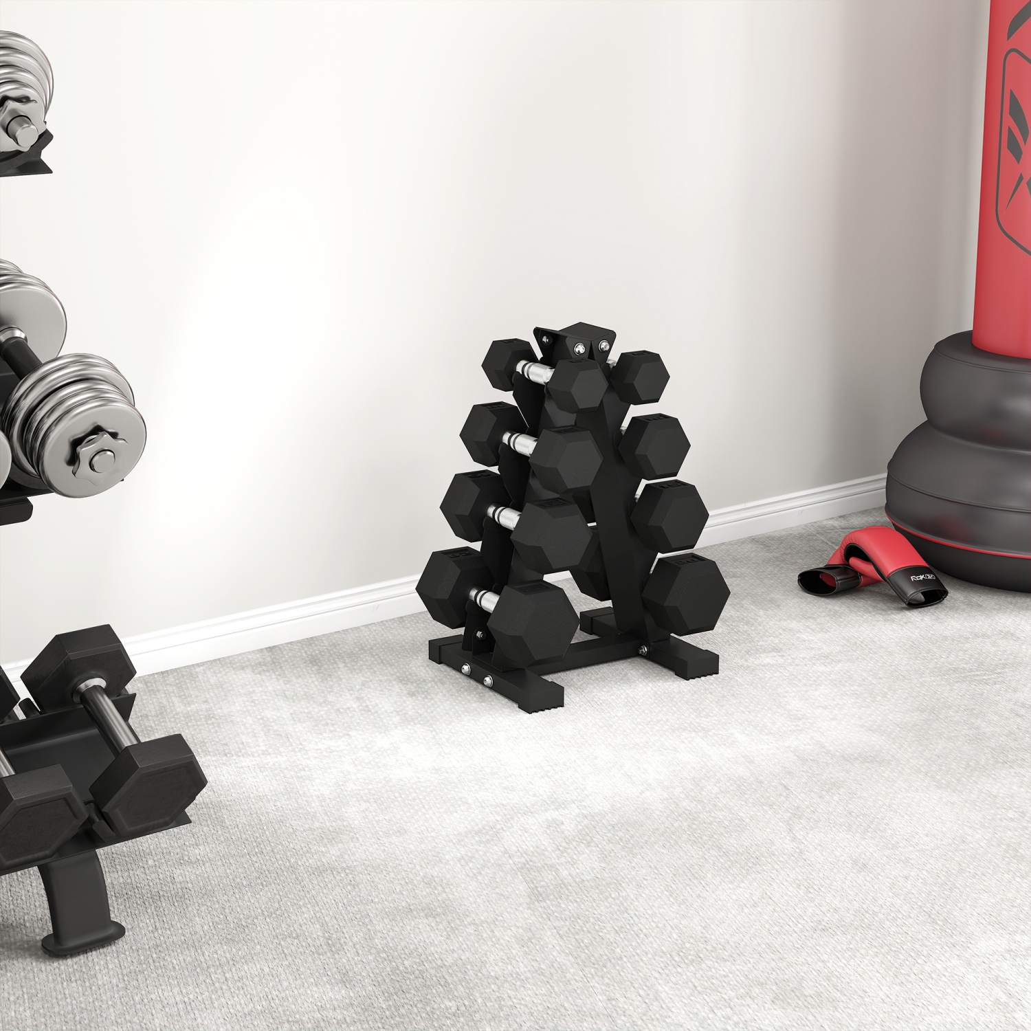 Soozier 100 LBS Hex Dumbbell Weight Set with Vertical Rack, Rubber Coated Weights Dumbbells, Non-Slip Chrome Handles, for Home Gym Strength Training,