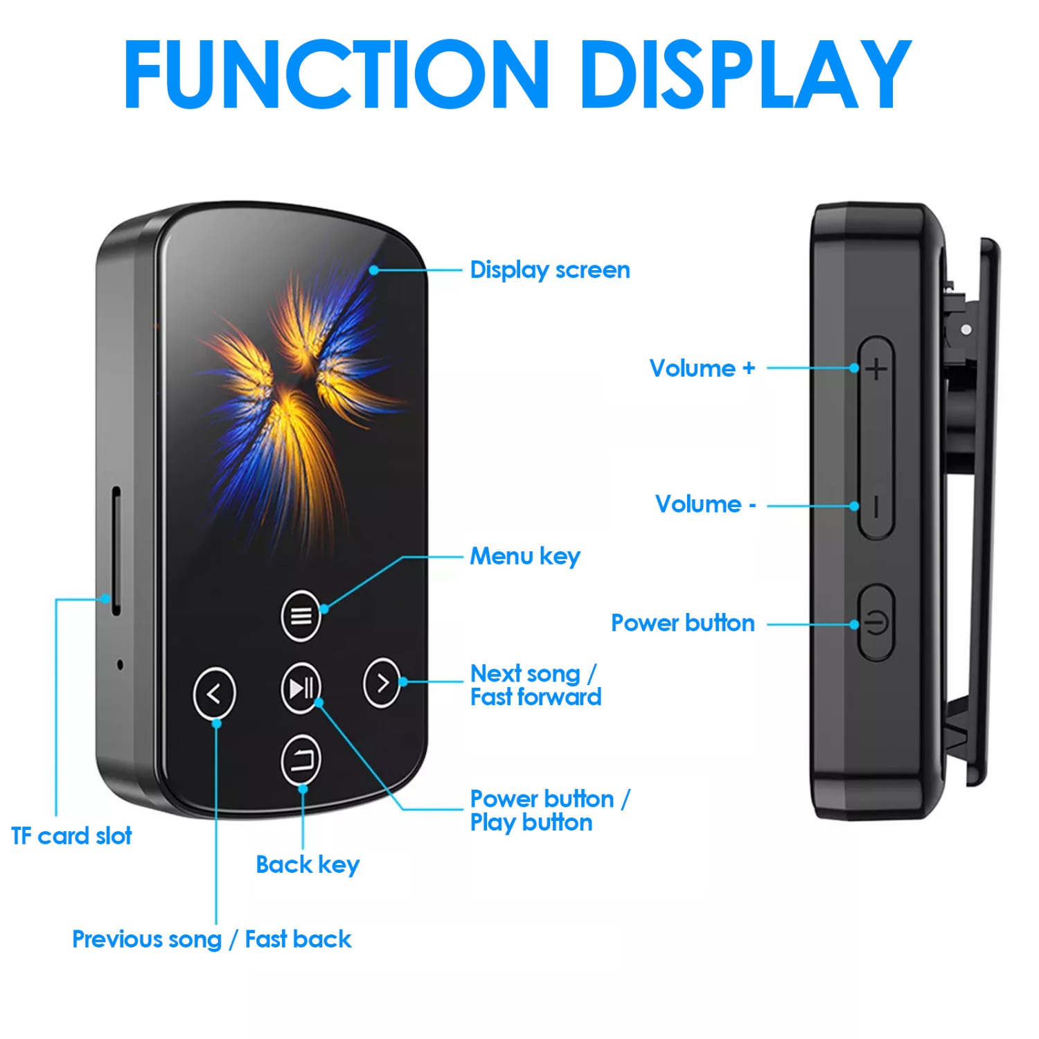Lecteur MP3 portatif Bluetooth de 128&nbsp;Go avec pince, lecteur de musique et enregistreur à écran tactile, prend en charge la carte TF