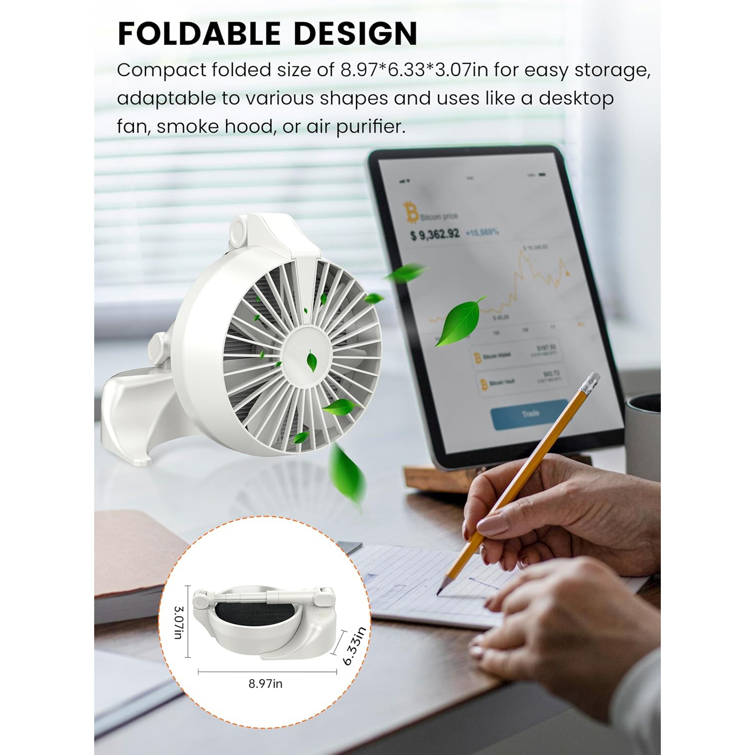 Smoke Away Purifier Fan for Indoors,Rechargeable Portable Odor Exhaust Eliminator Remover Filter,Foldable Fan for Desktop