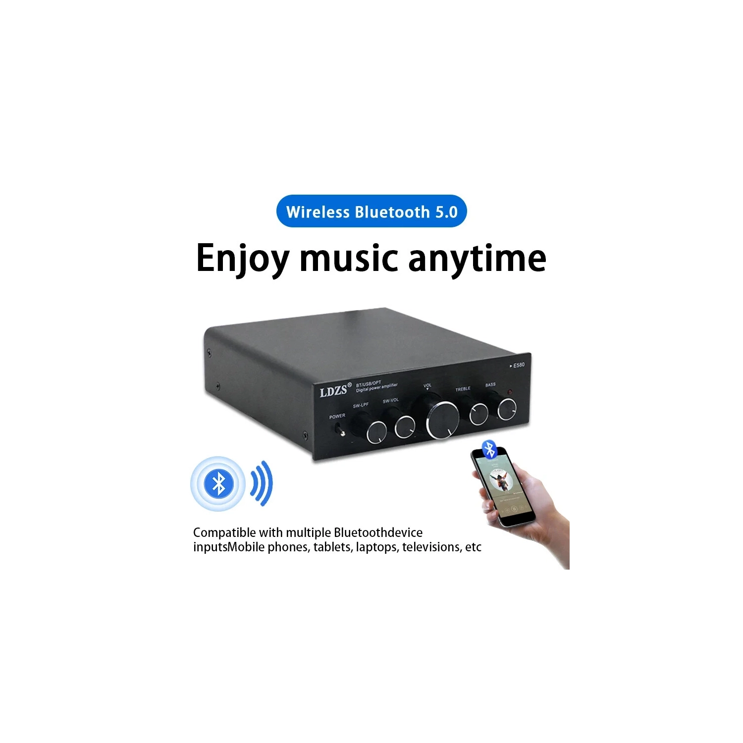 Petit amplificateur numérique Amplificateur de bureau haute puissance Bluetooth 5,0 Système audio haute fidélité à double usage pour la maison et