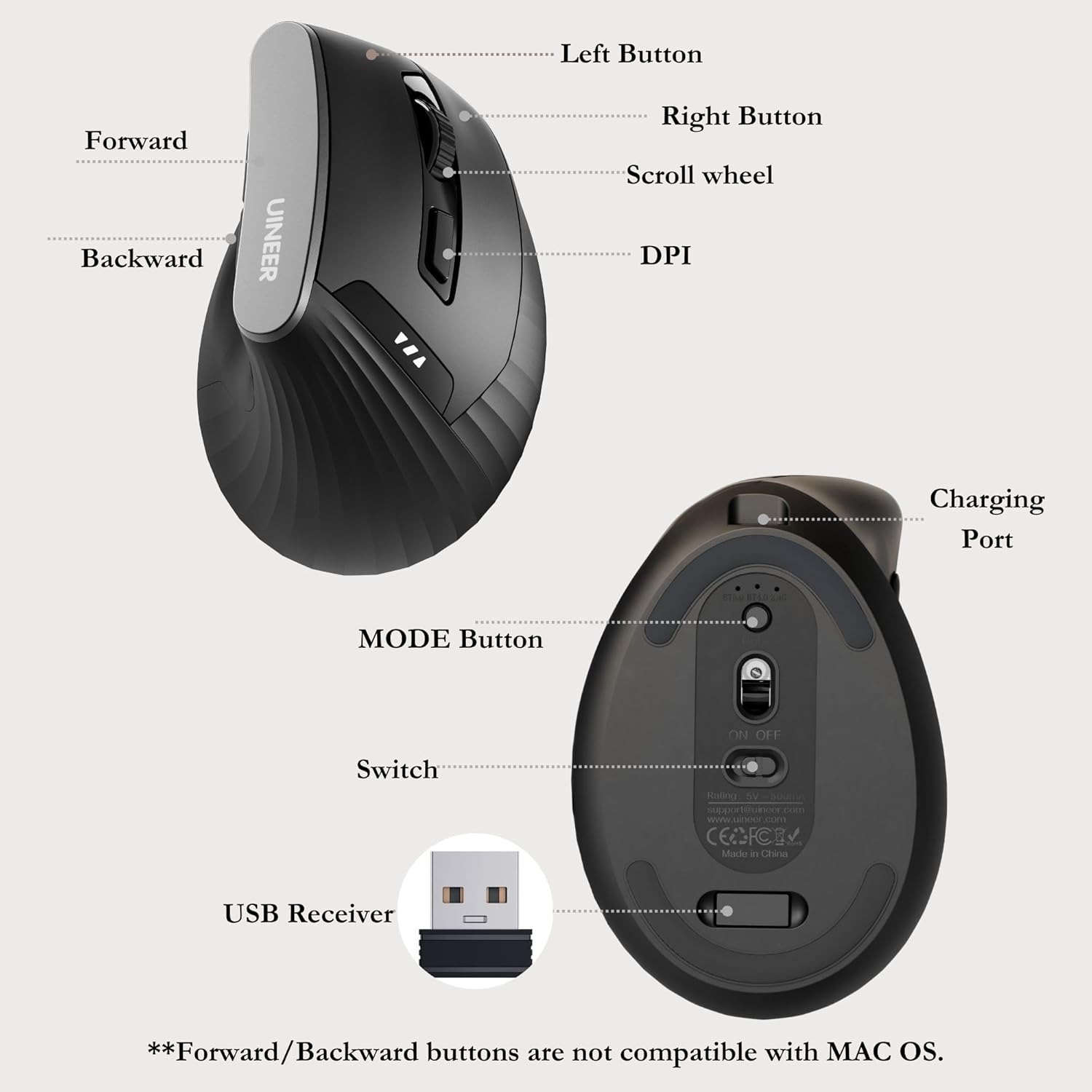 Uineer Wireless Vertical Mouse – Bluetooth & 2.4G, Rechargeable – Black