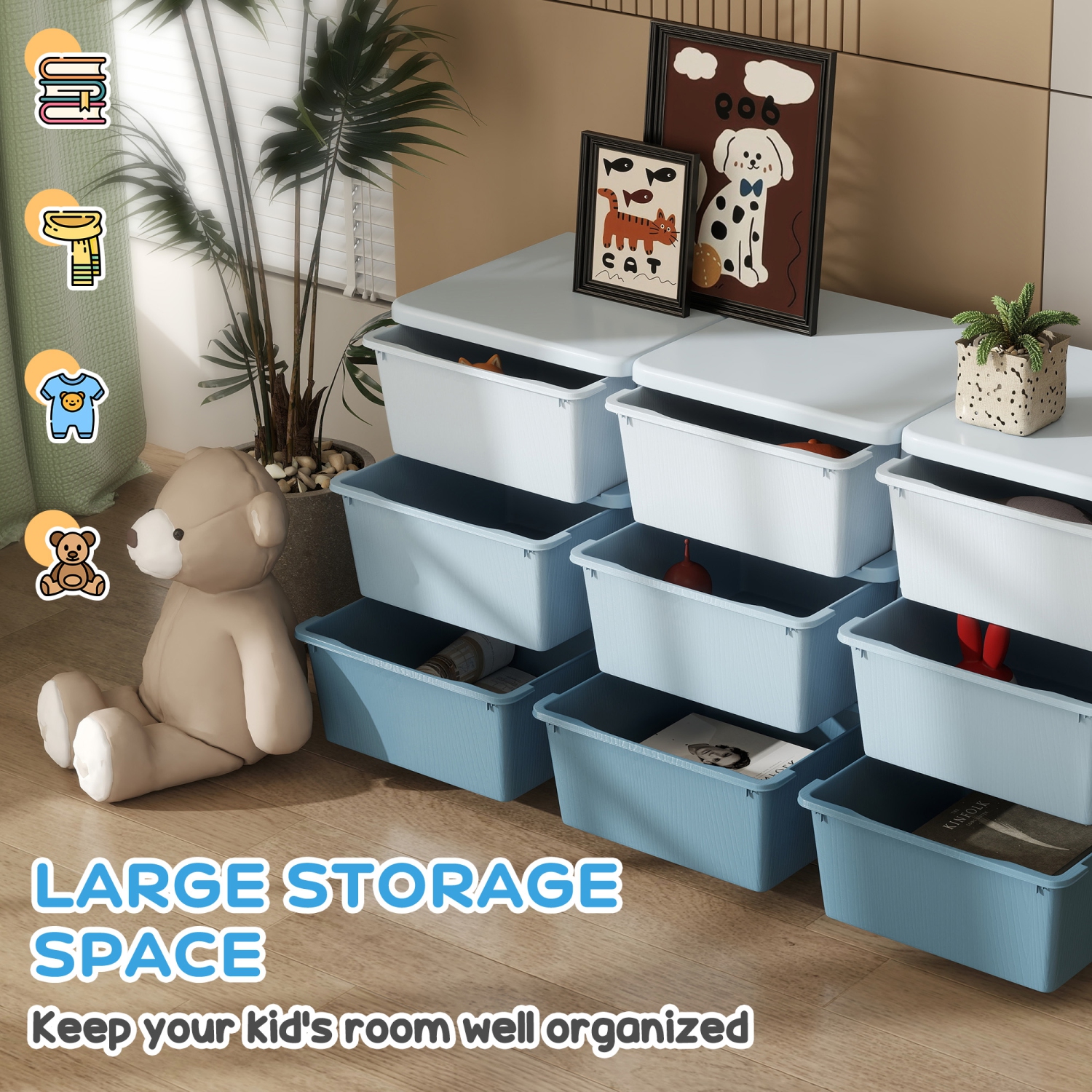 Qaba Kids Toy Storage Organizer with 9 Plastic Bins, 3 Tier Drawer Chest Utility for Kids Bedroom Nursery Kindergarten Living Room for Boys Girls