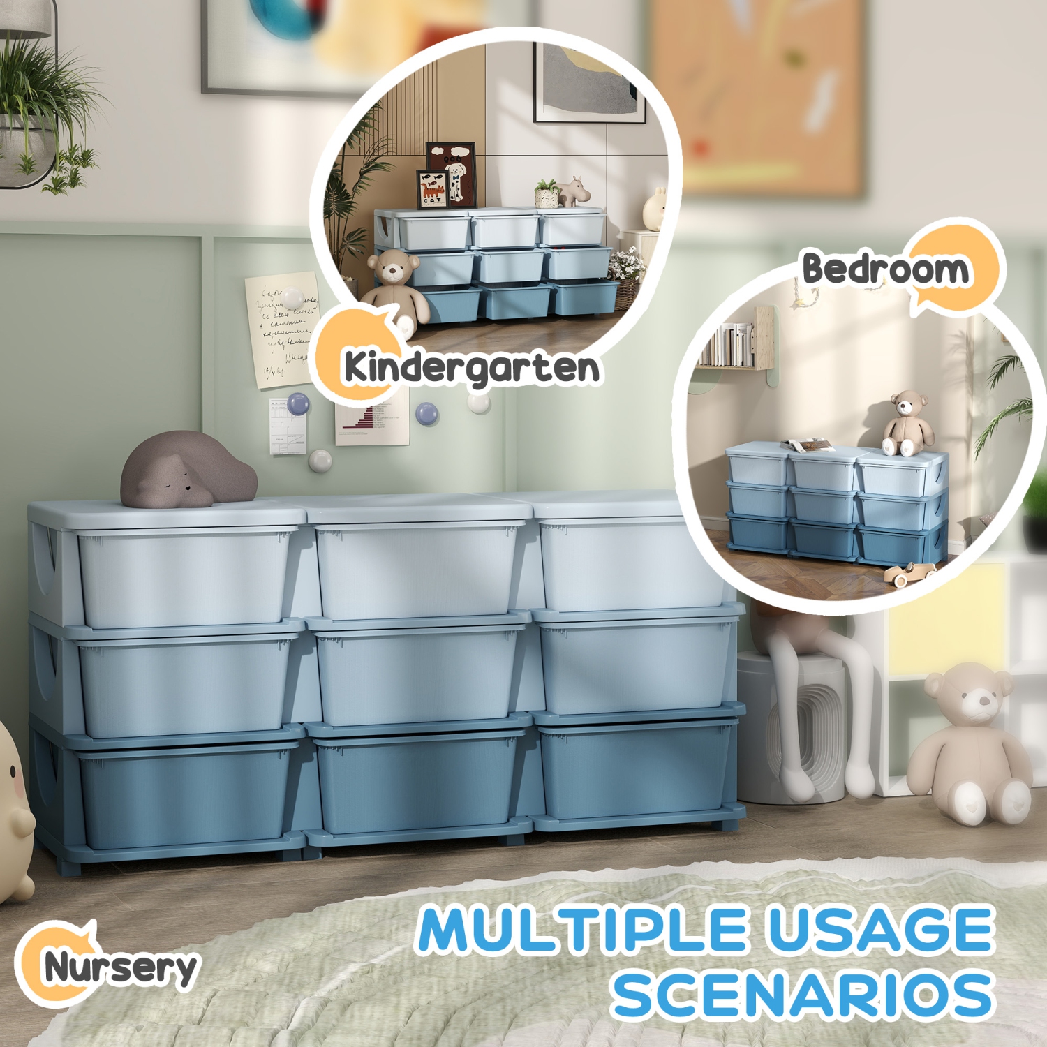 Qaba Kids Toy Storage Organizer with 9 Plastic Bins, 3 Tier Drawer Chest Utility for Kids Bedroom Nursery Kindergarten Living Room for Boys Girls