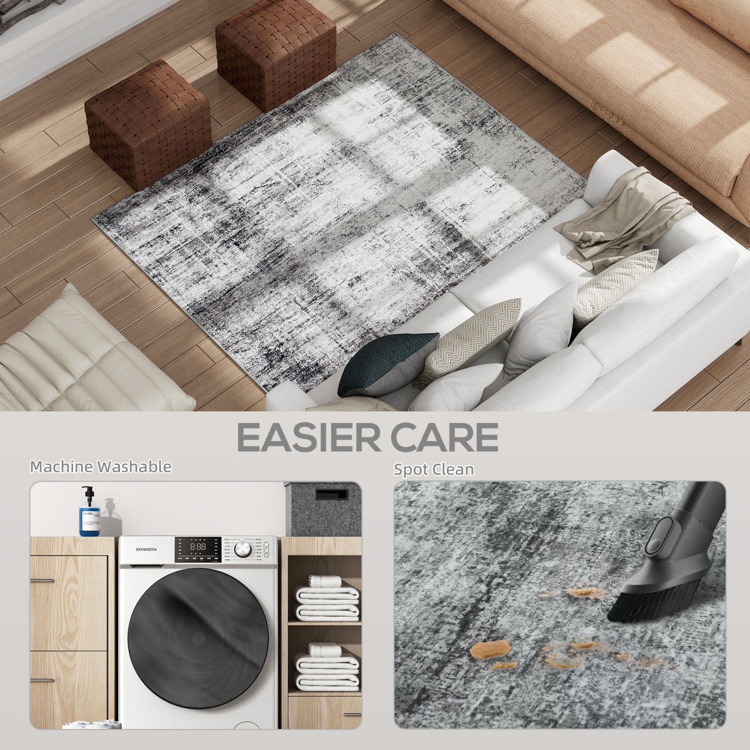 HOMCOM Area Rug for Living Room 5x7, Modern Abstract Machine Washable Rug, Non-Slip Carpet for Bedroom, Dining Room, Office, Grey