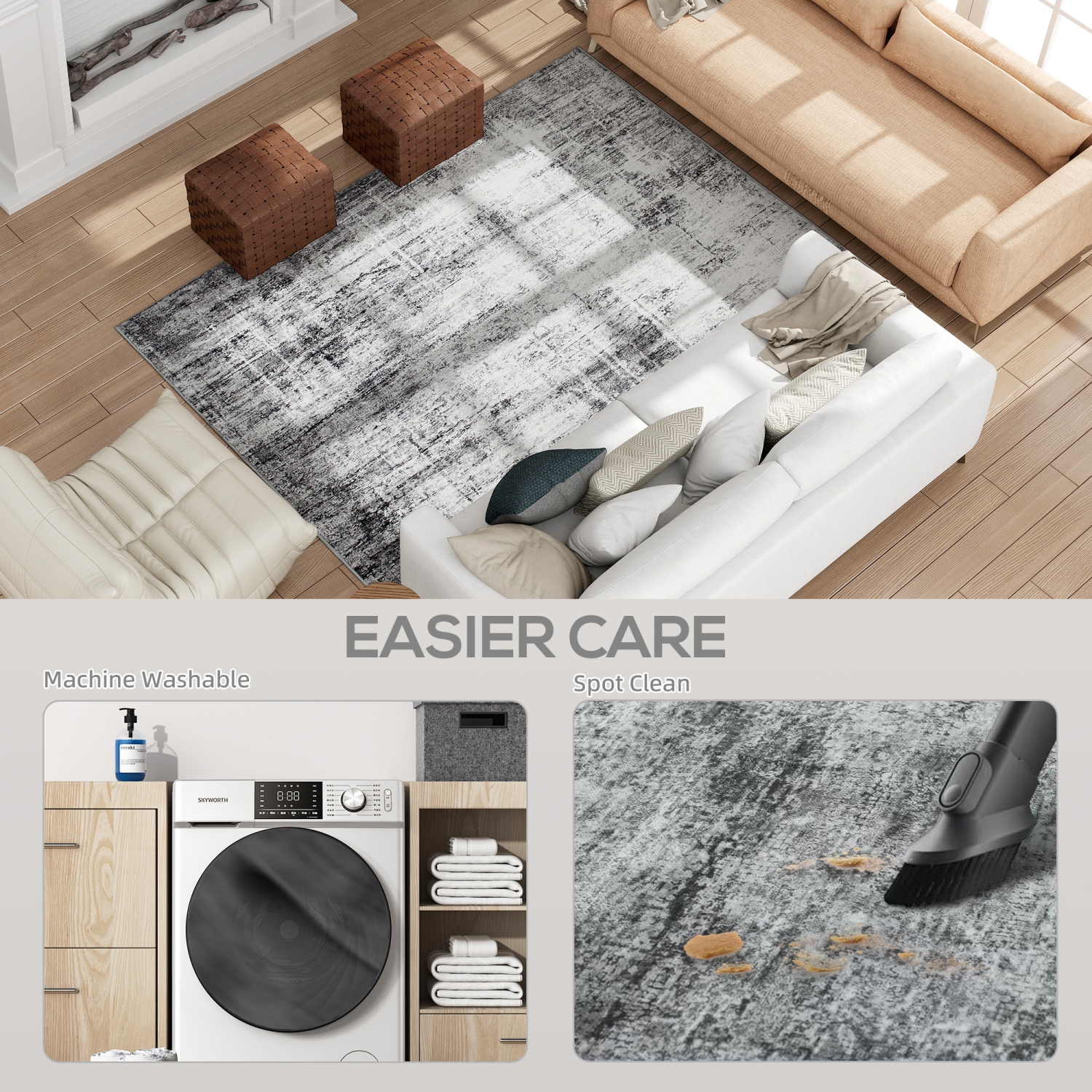 Tapis HOMCOM pour salon 6x9, tapis moderne abstrait lavable à la machine, tapis antidérapant pour chambre, salle à manger, bureau, gris