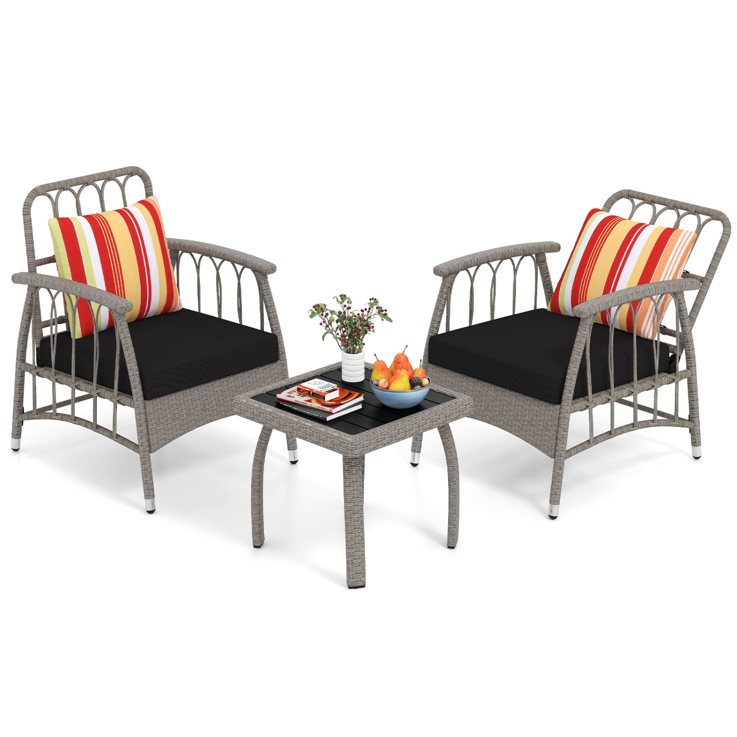 Gymax 3 PCS Patio PE Wicker Furniture Set w/ 5-Level Adjustable Backrest Bistro Set Outdoor