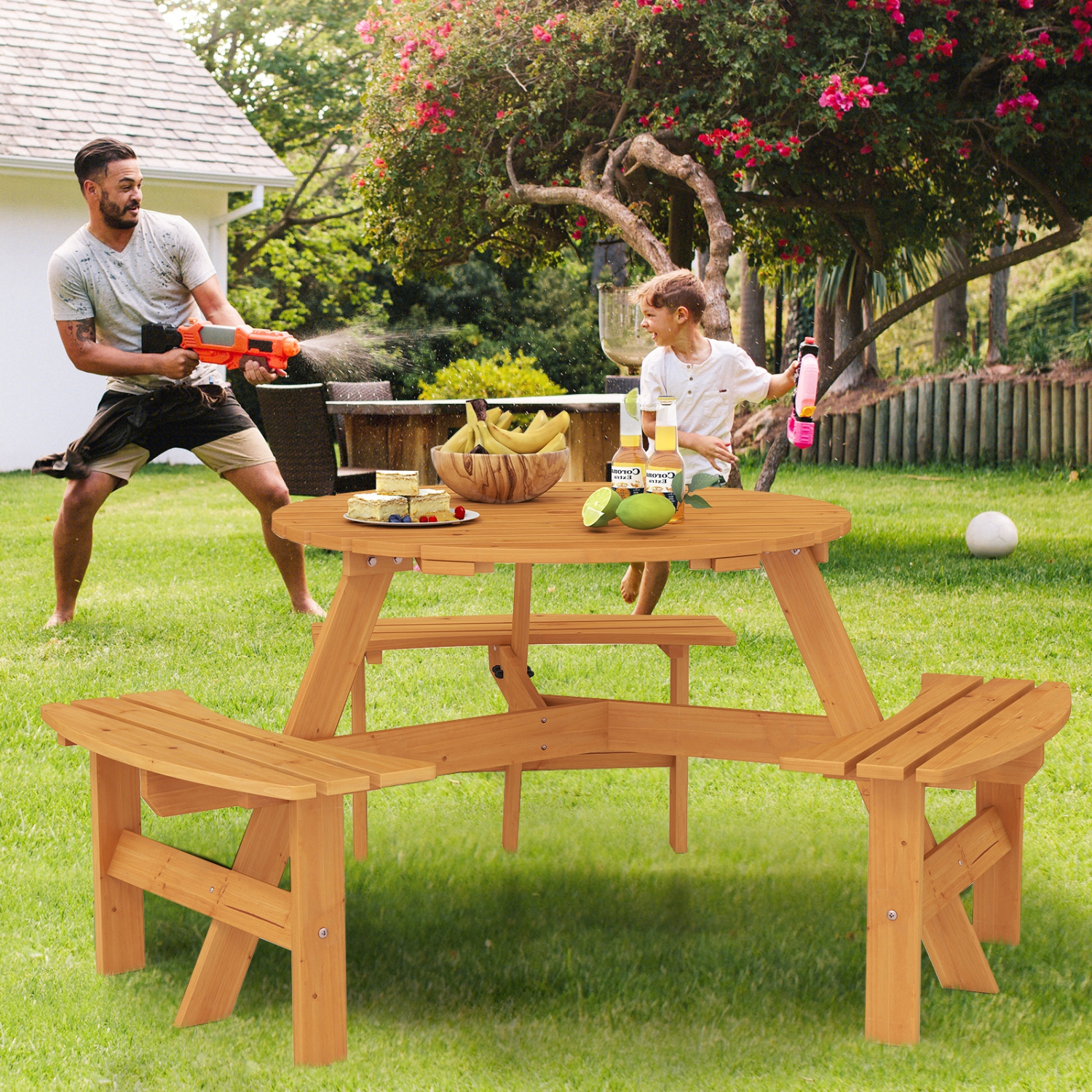Gymax 6-Person Round Picnic Table Set w/ 3 Built-in Benches 2'' Umbrella Hole