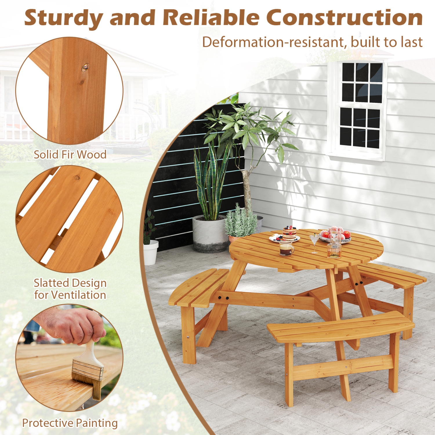 Gymax 6-Person Round Picnic Table Set w/ 3 Built-in Benches 2'' Umbrella Hole