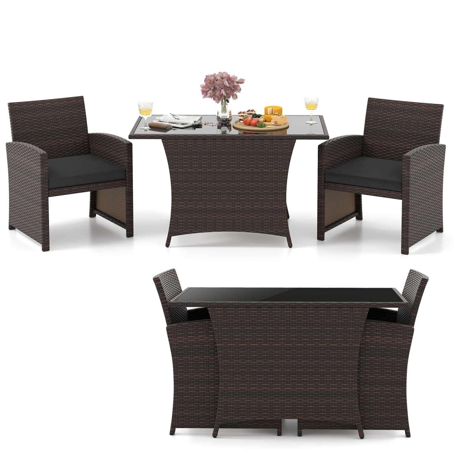 Gymax 3 Piece Patio Wicker Dining Set 2 Rattan Chairs w/ Rectangle Tempered Glass Dining Table