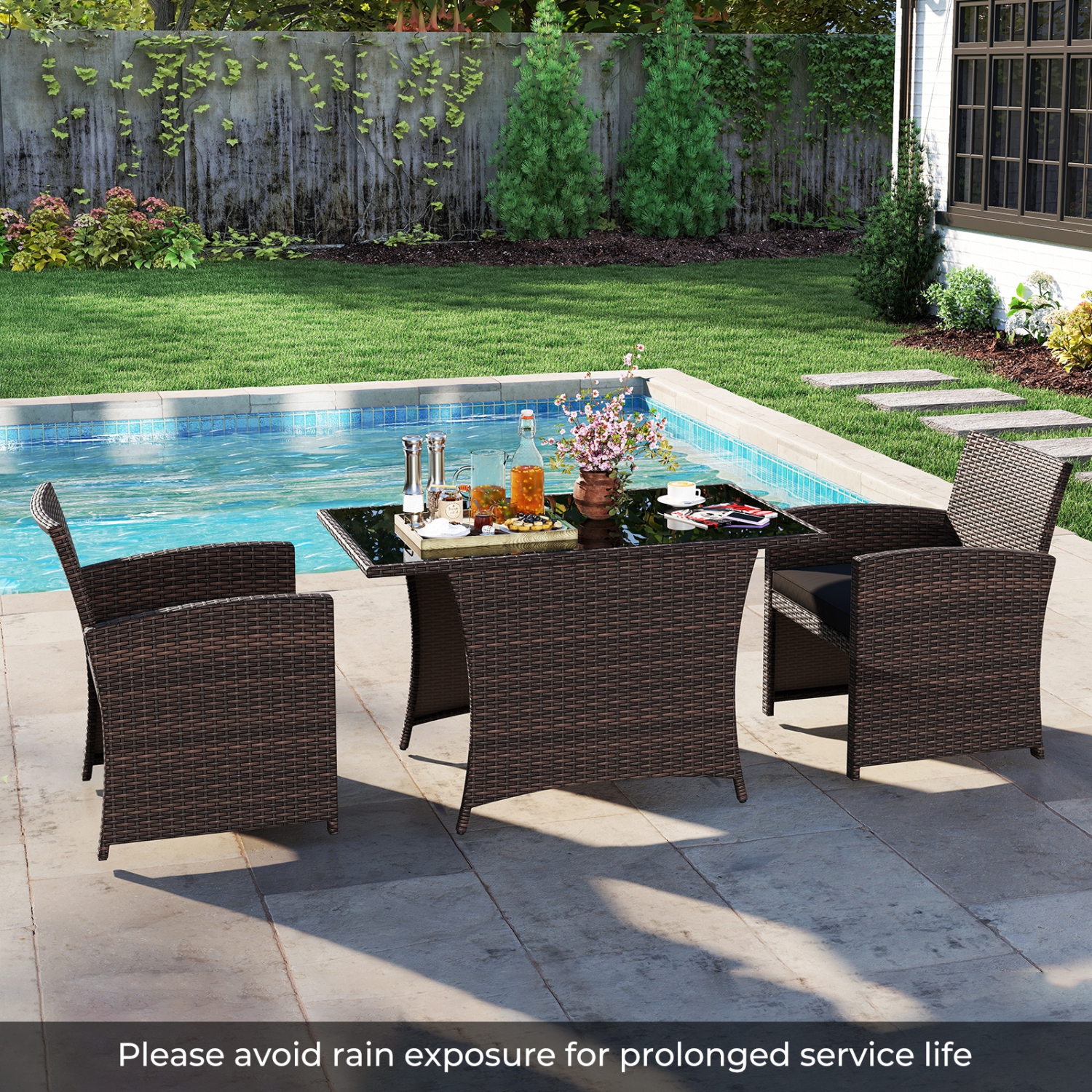 Gymax 3 Piece Patio Wicker Dining Set 2 Rattan Chairs w/ Rectangle Tempered Glass Dining Table
