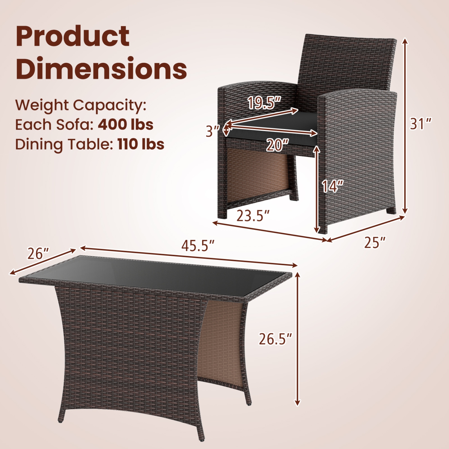 Gymax 3 Piece Patio Wicker Dining Set 2 Rattan Chairs w/ Rectangle Tempered Glass Dining Table