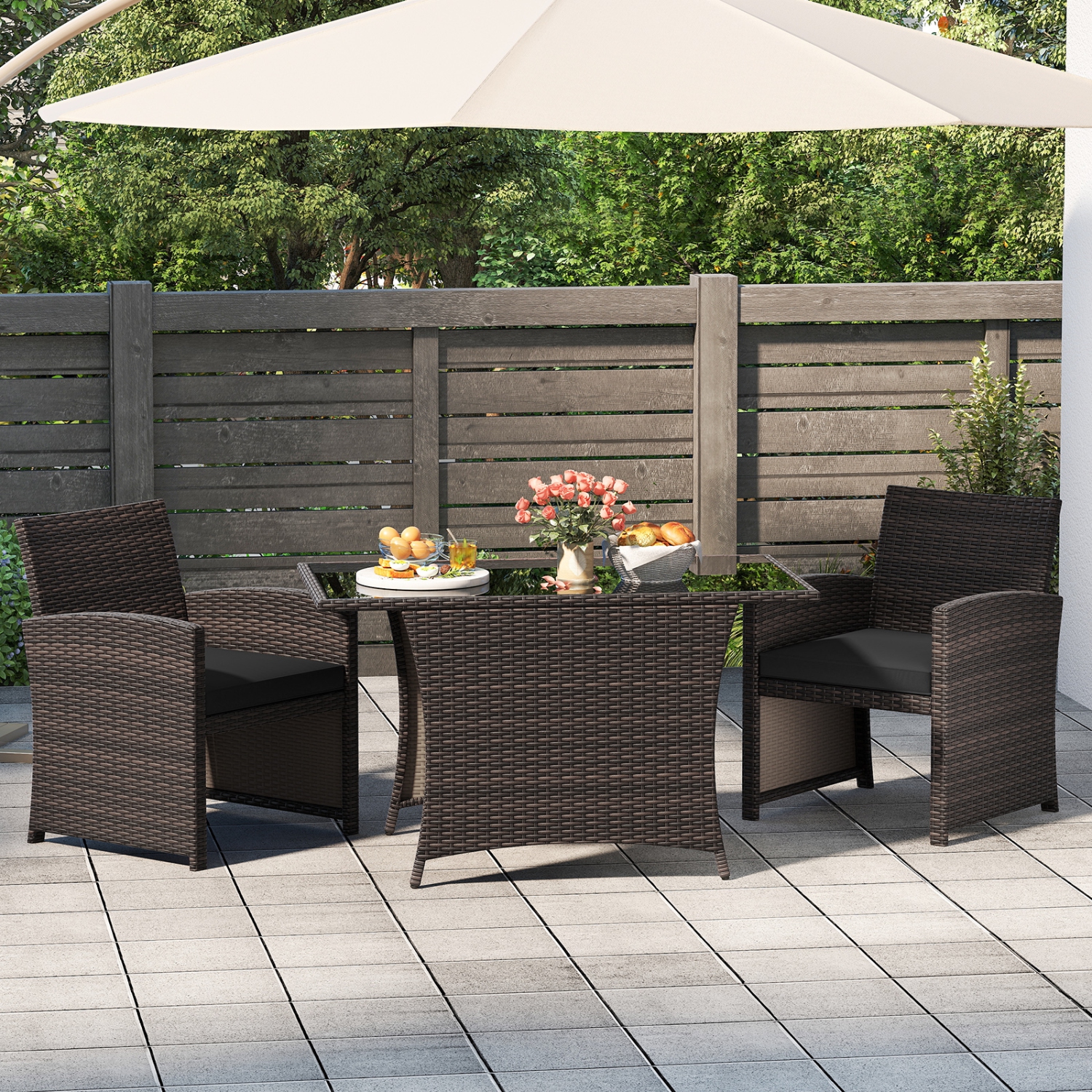 Gymax 3 Piece Patio Wicker Dining Set 2 Rattan Chairs w/ Rectangle Tempered Glass Dining Table