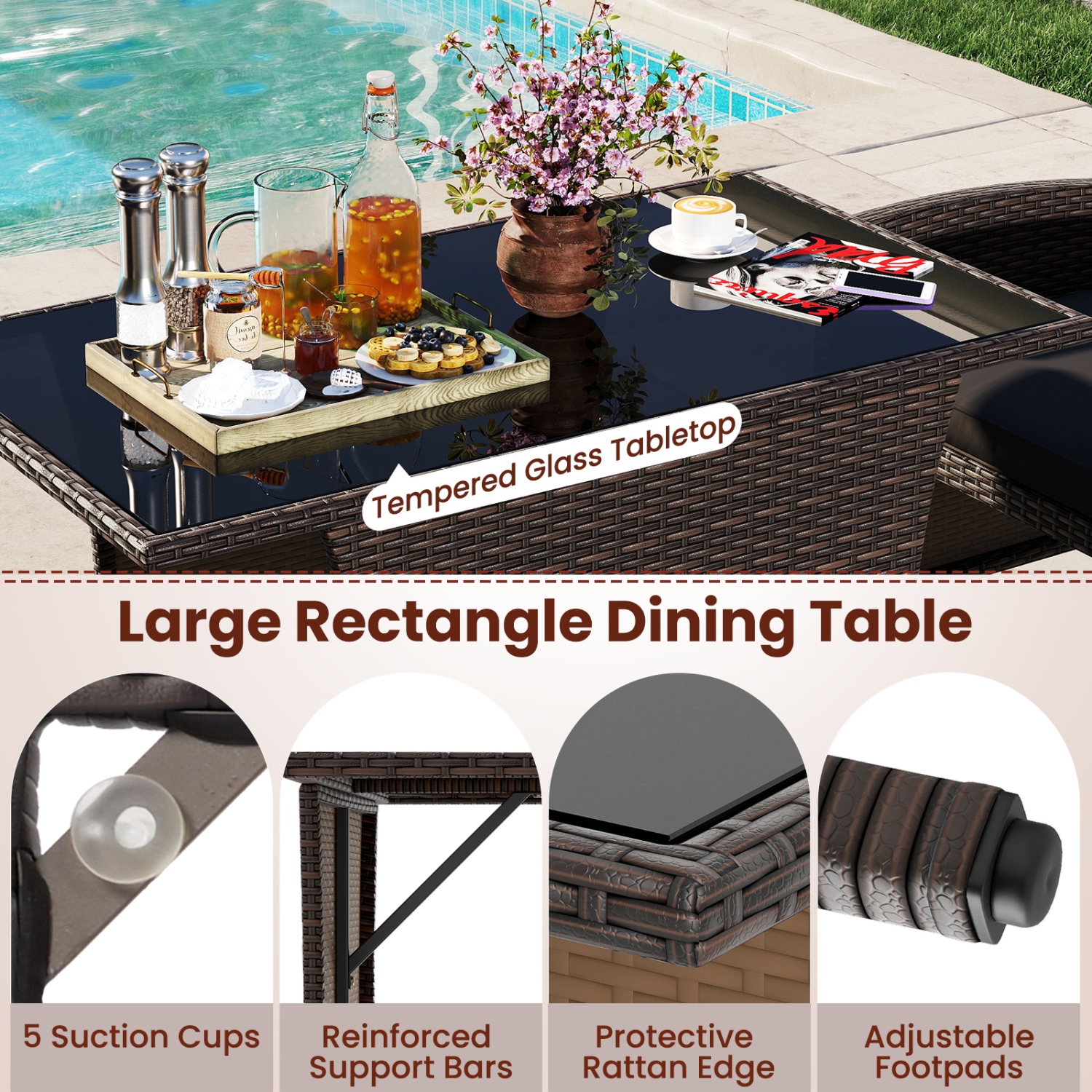 Gymax 3 Piece Patio Wicker Dining Set 2 Rattan Chairs w/ Rectangle Tempered Glass Dining Table