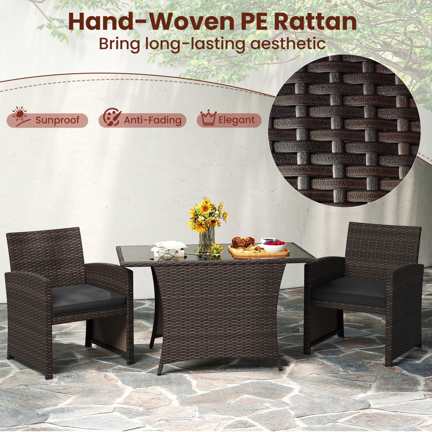 Gymax 3 Piece Patio Wicker Dining Set 2 Rattan Chairs w/ Rectangle Tempered Glass Dining Table