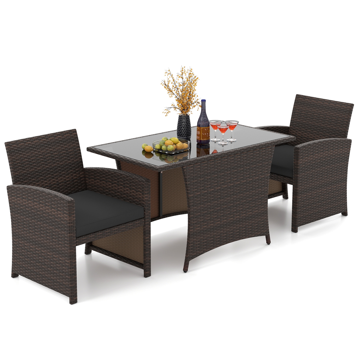 Gymax 3 Piece Patio Wicker Dining Set 2 Rattan Chairs w/ Rectangle Tempered Glass Dining Table
