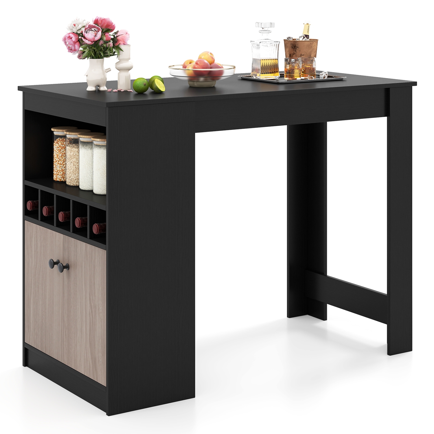 Gymax 48'' Bar Table w/ Storage Cabinet & Wine Rack Adjustable Shelf Wine Rack
