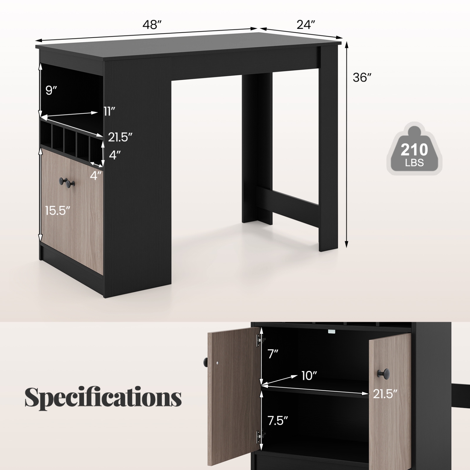Gymax 48'' Bar Table w/ Storage Cabinet & Wine Rack Adjustable Shelf Wine Rack