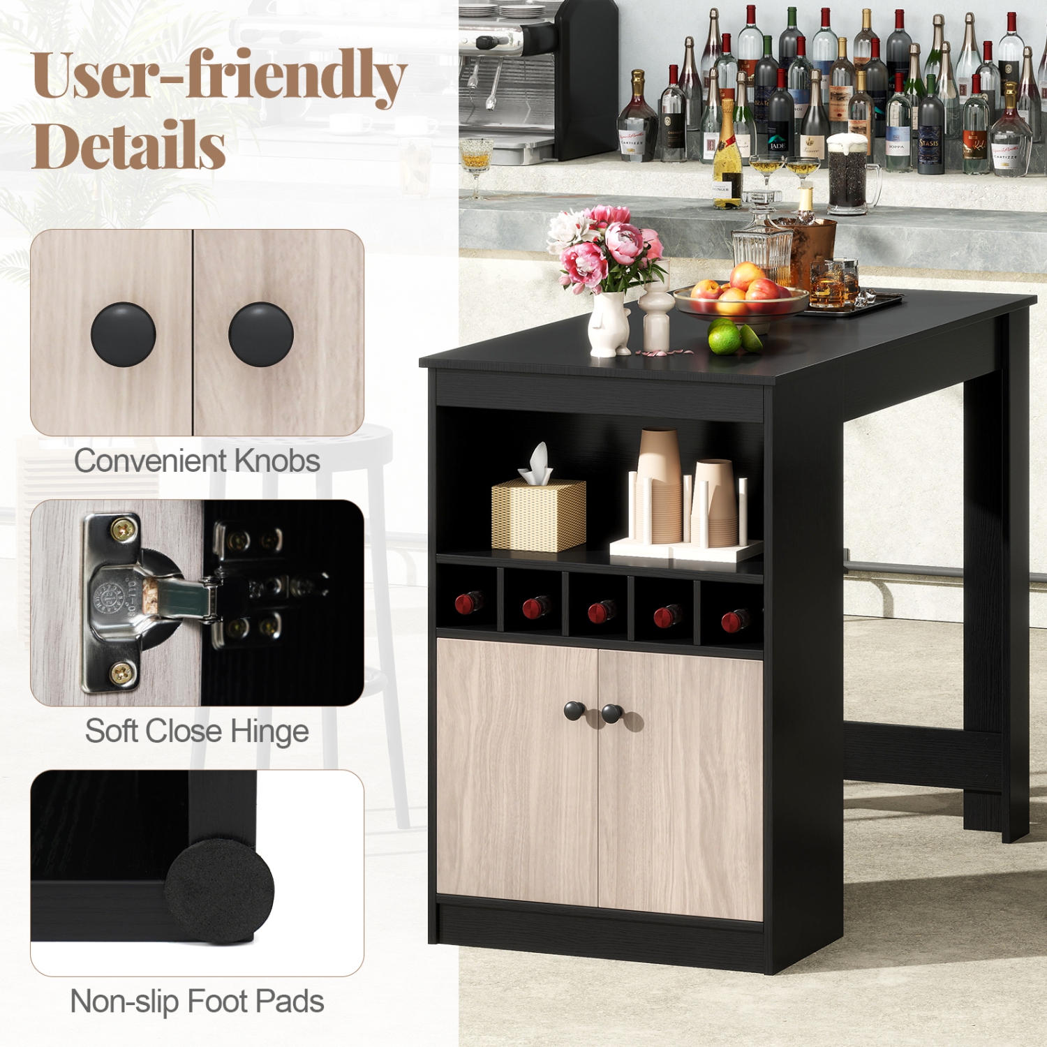 Gymax 48'' Bar Table w/ Storage Cabinet & Wine Rack Adjustable Shelf Wine Rack