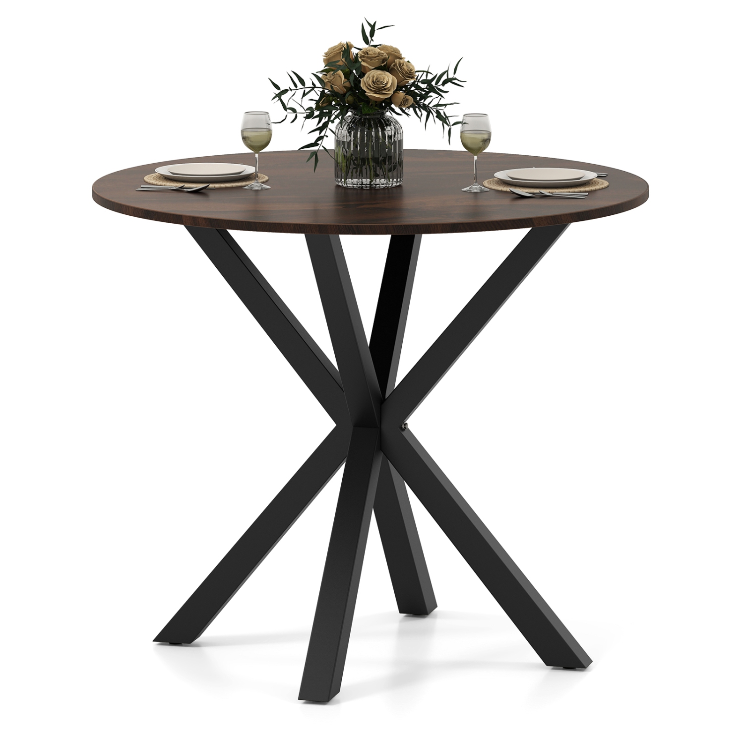 Gymax 36'' Round Farmhouse Dining Table for 4 w/Stable Intersecting Pedestal Base Brown