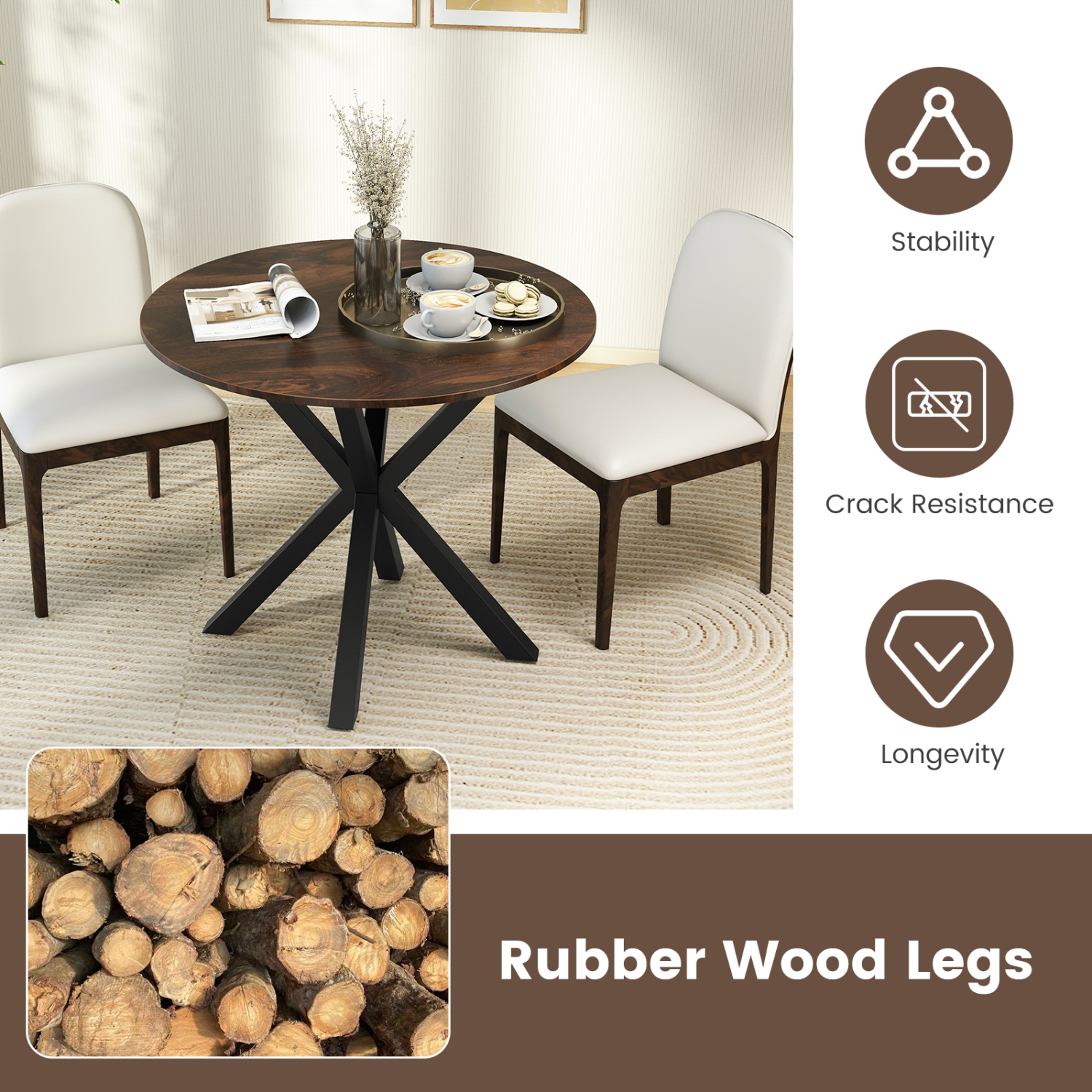 Gymax 36'' Round Farmhouse Dining Table for 4 w/Stable Intersecting Pedestal Base Brown