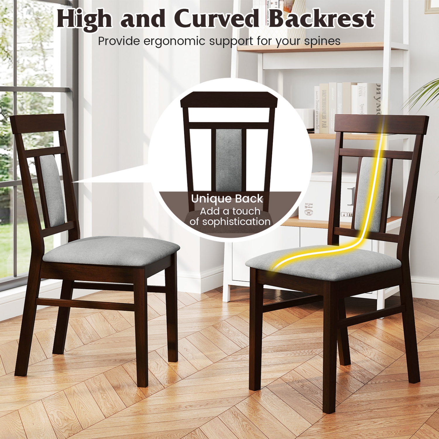 Gymax Modern Home Dining Chair Set of 2 w/Upholstered Seat & Backrest Rubber Wood Legs