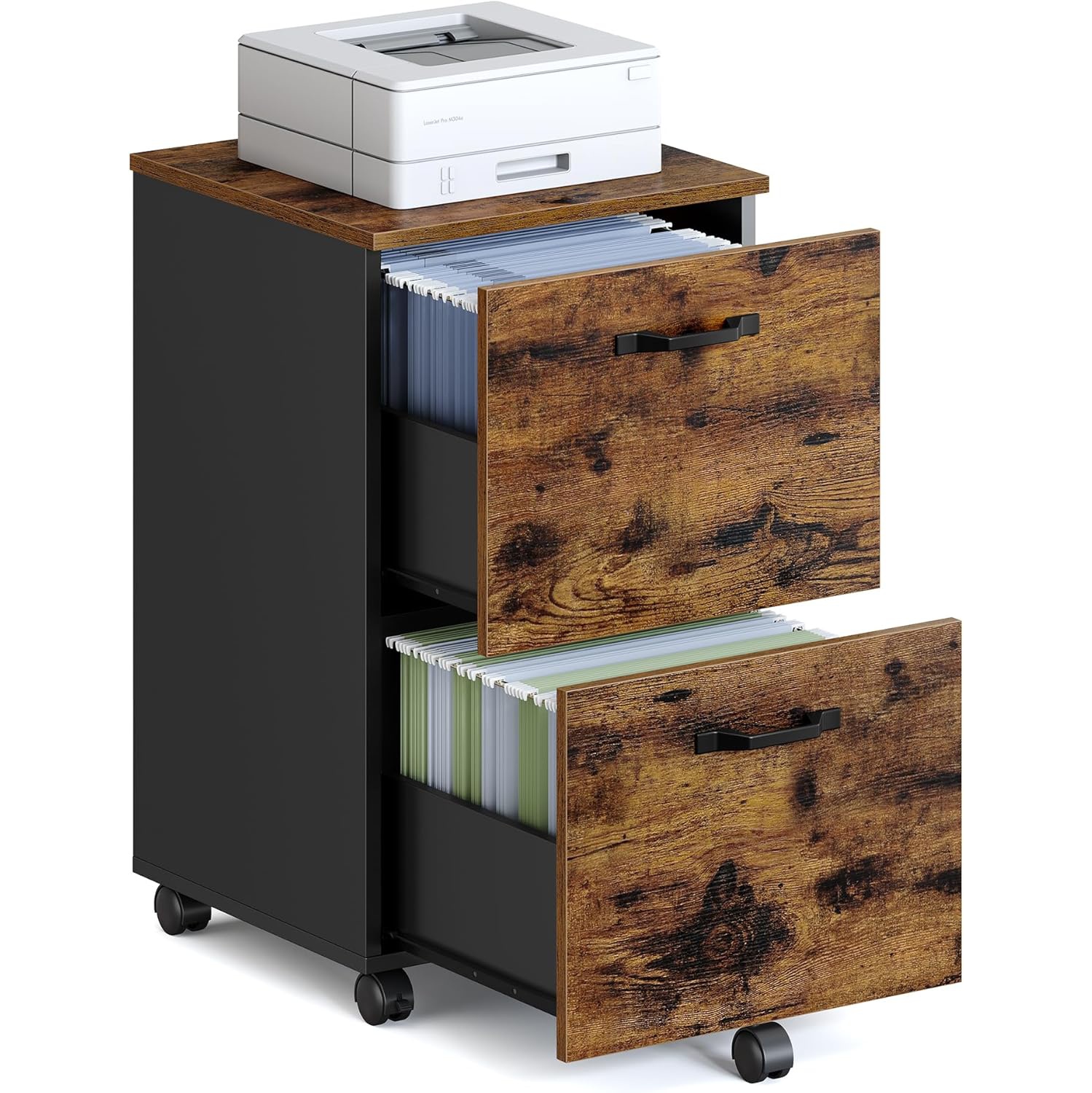 VASAGLE Small Rolling Filing Cabinet for Home Office, Rustic Brown and Ink Black