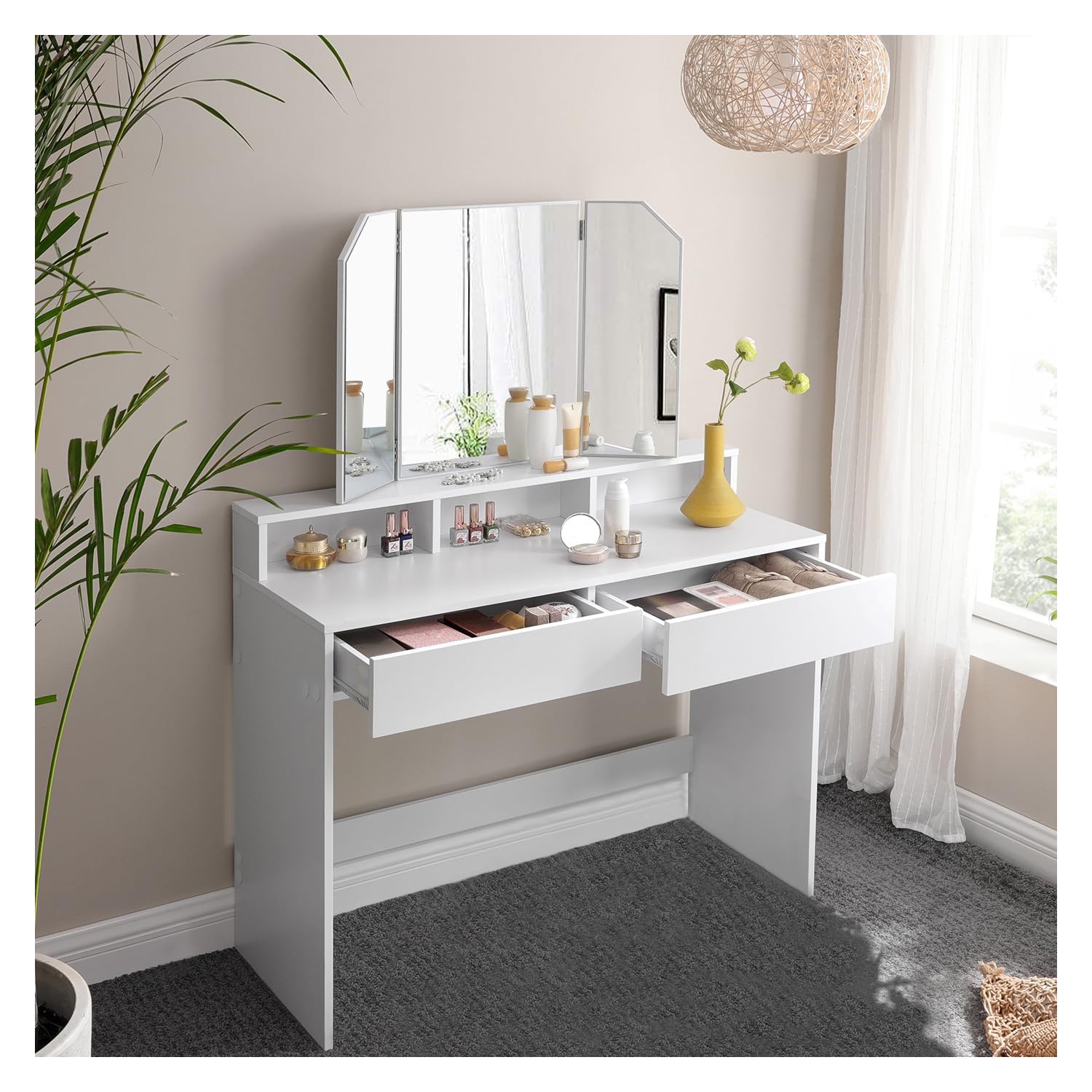 Coiffeuse VASAGLE avec miroir à trois volets – Coiffeuse moderne avec 2 tiroirs et 3 compartiments ouverts, blanc