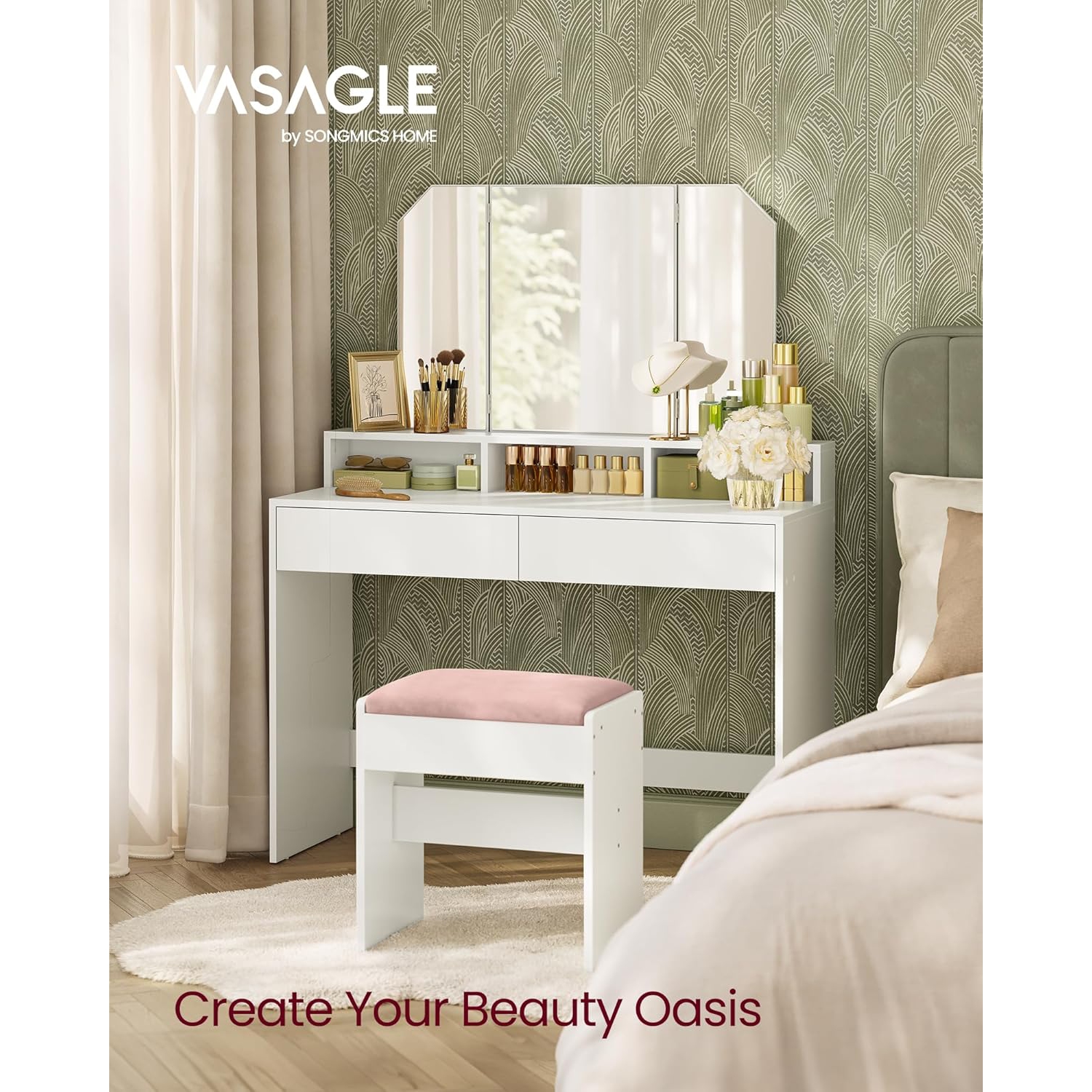 Coiffeuse VASAGLE avec miroir à trois volets – Coiffeuse moderne avec 2 tiroirs et 3 compartiments ouverts, blanc