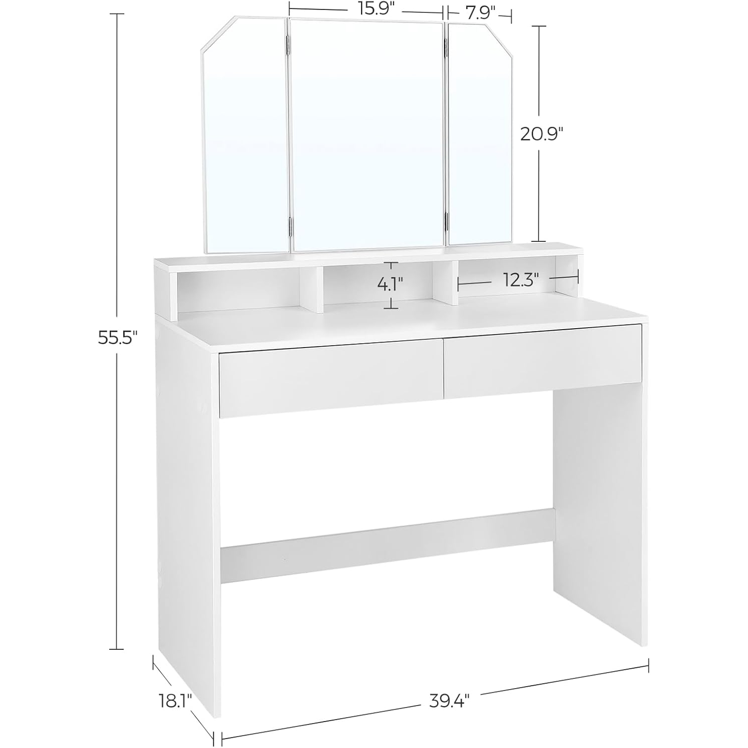Coiffeuse VASAGLE avec miroir à trois volets – Coiffeuse moderne avec 2 tiroirs et 3 compartiments ouverts, blanc