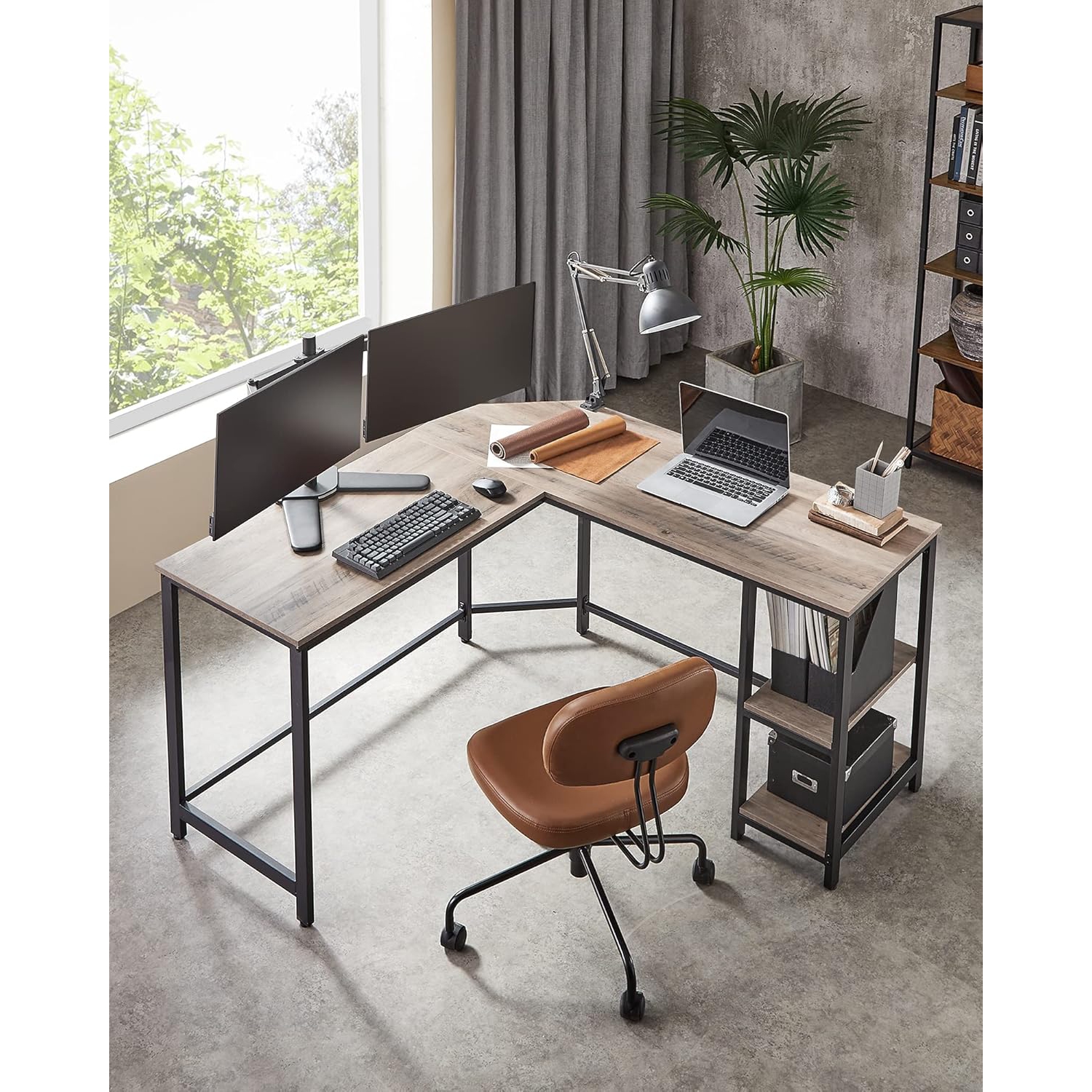 Bureau d'angle en L VASAGLE – Bureau pour les jeux et les postes de travail avec 2 tablettes de rangement pour le bureau à domicile, le grège et