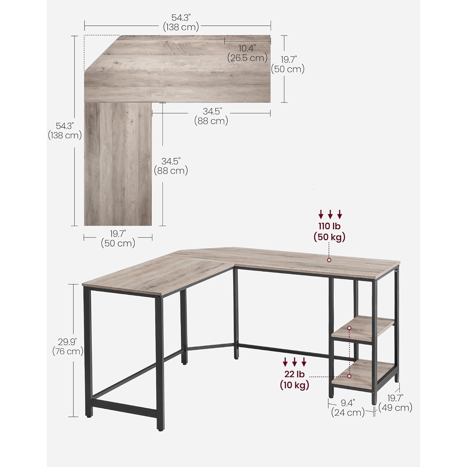 Bureau d'angle en L VASAGLE – Bureau pour les jeux et les postes de travail avec 2 tablettes de rangement pour le bureau à domicile, le grège et