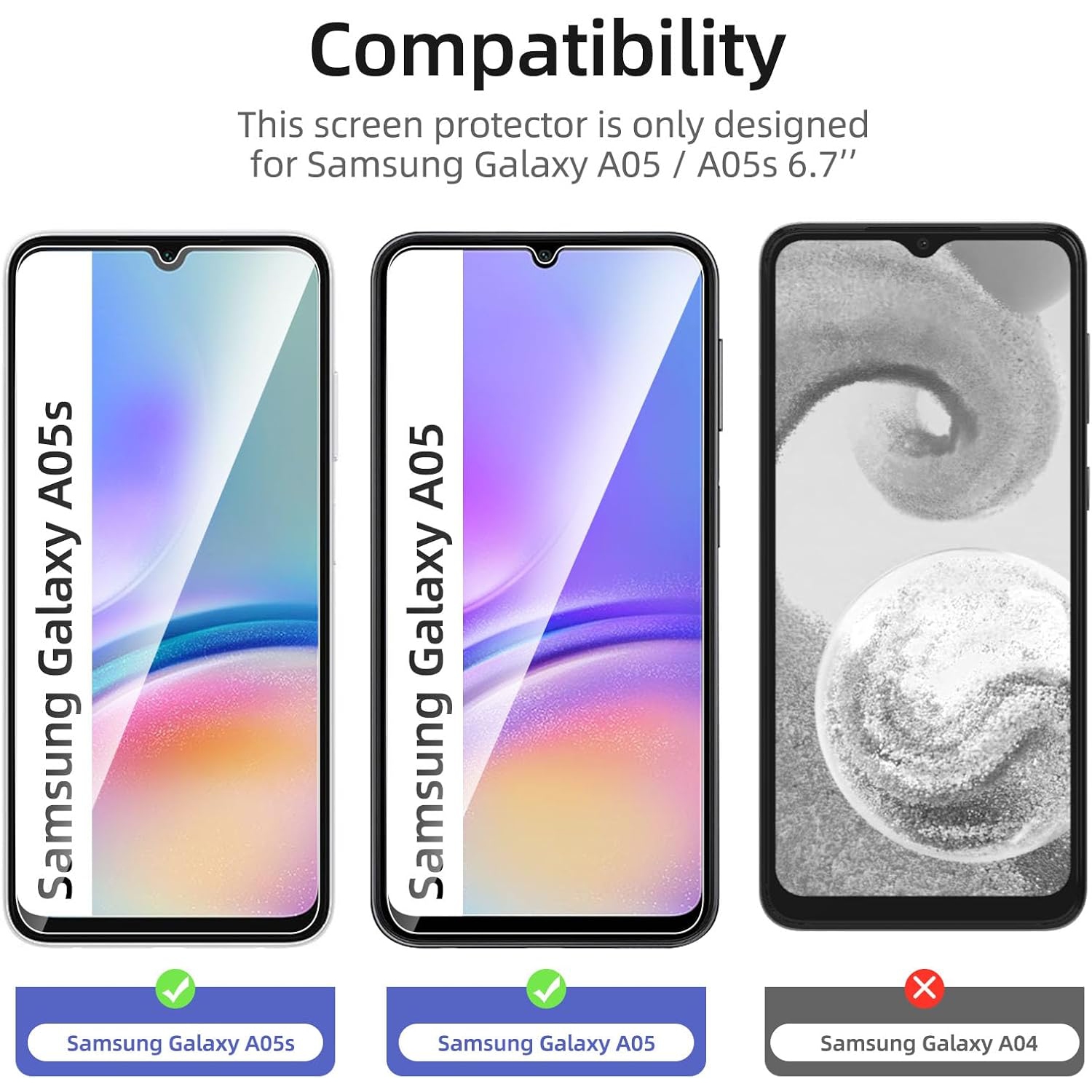 Verre trempé pour Galaxy A05 de Samsung Protecteur d'écran HD 9H antirayure, sans bulles, protecteur d'écran tactile précis [paquet de 2]