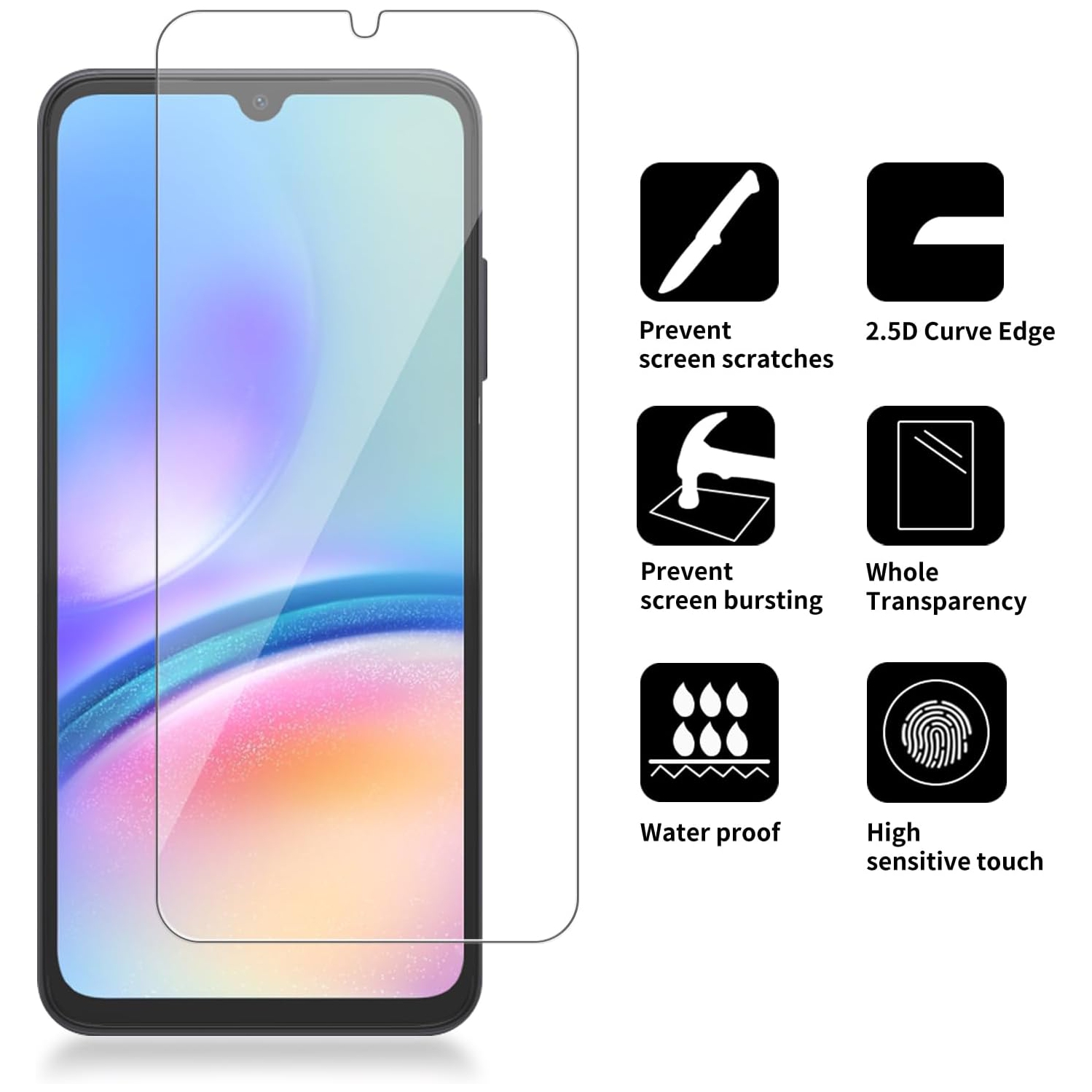 Verre trempé pour Galaxy A05 de Samsung Protecteur d'écran HD 9H antirayure, sans bulles, protecteur d'écran tactile précis [paquet de 2]