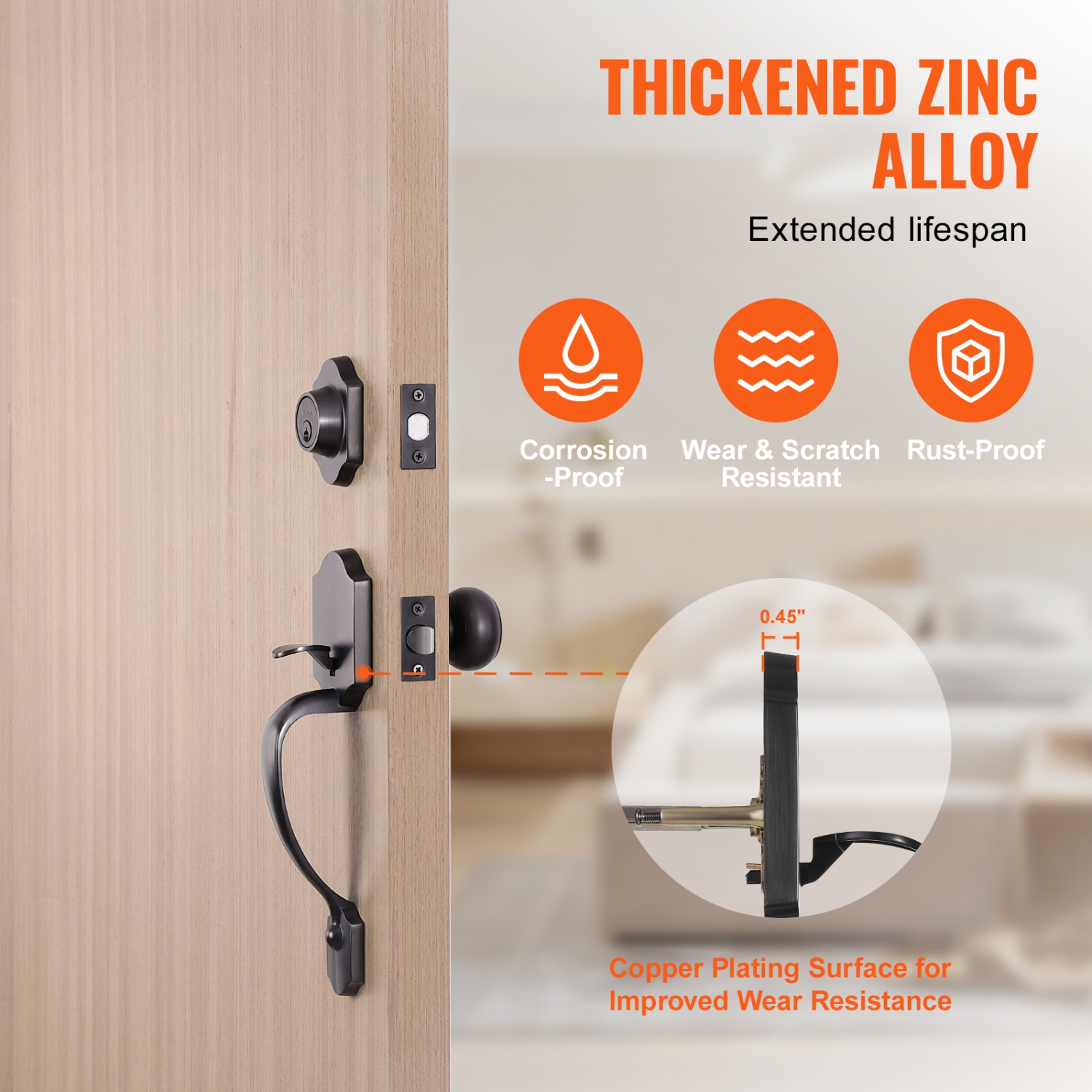 VEVOR Front Door Handle and Deadbolt Set, Front Door Lock Set with Interior Knob, Adjustable Hole Spacing Single Cylinder Handleset, Brushed Oil