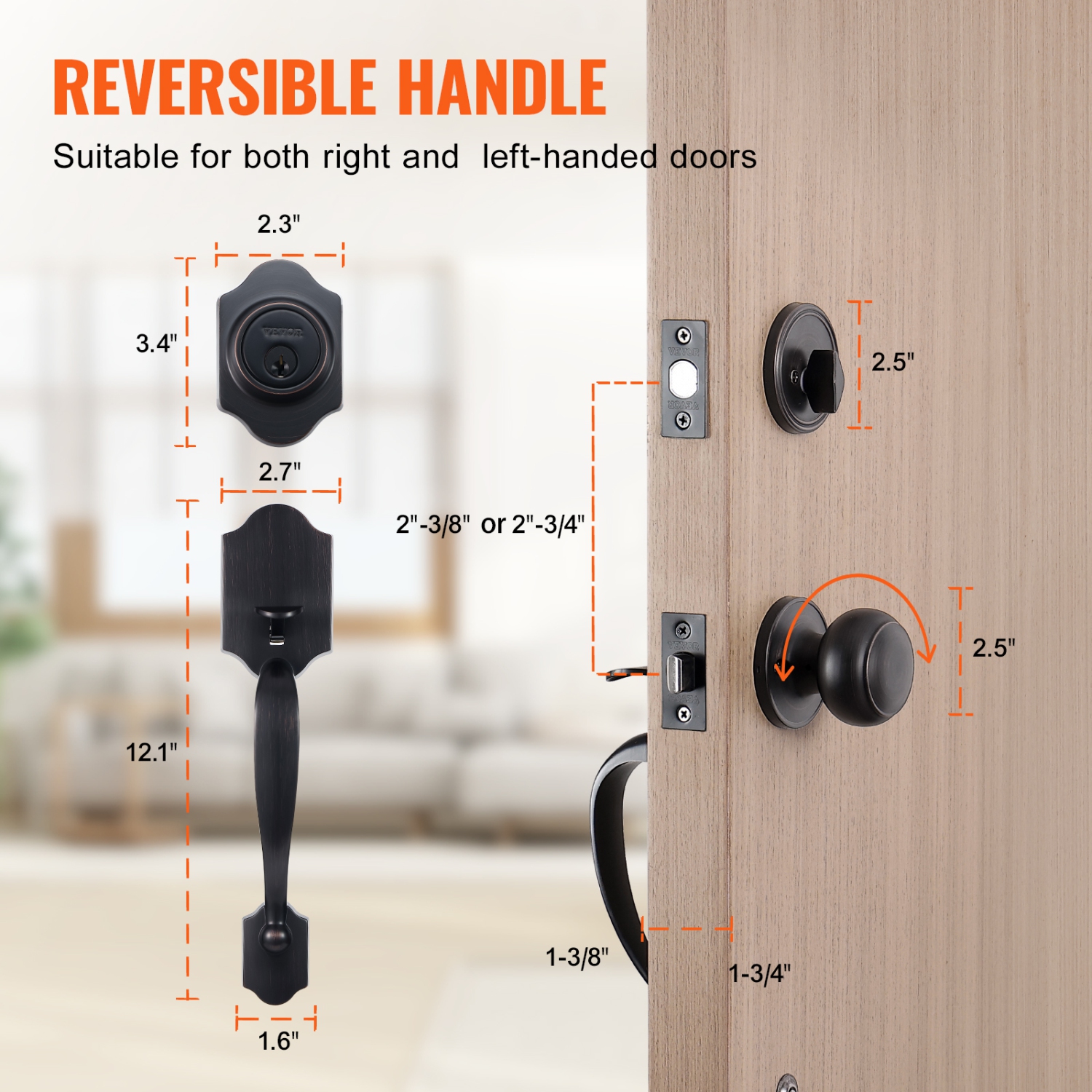 VEVOR Front Door Handle and Deadbolt Set, Front Door Lock Set with Interior Knob, Adjustable Hole Spacing Single Cylinder Handleset, Brushed Oil