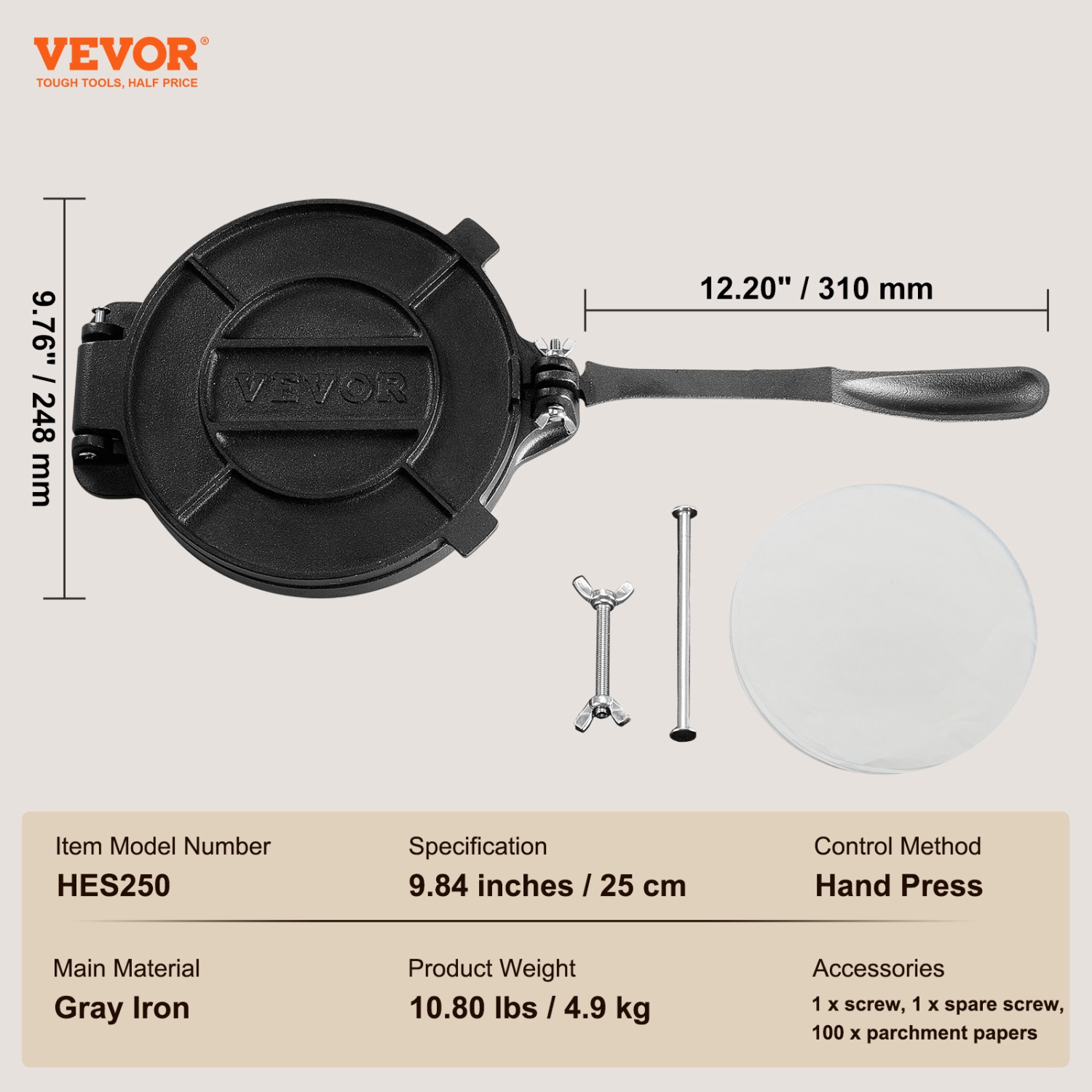 VEVOR 10 Inch Tortilla Press,Tortilla and Roti Maker,Cast Iron Heavy Duty Tortilladora Press, Pre-Seasoned Pataconera Maker with 100 Pcs Parchment
