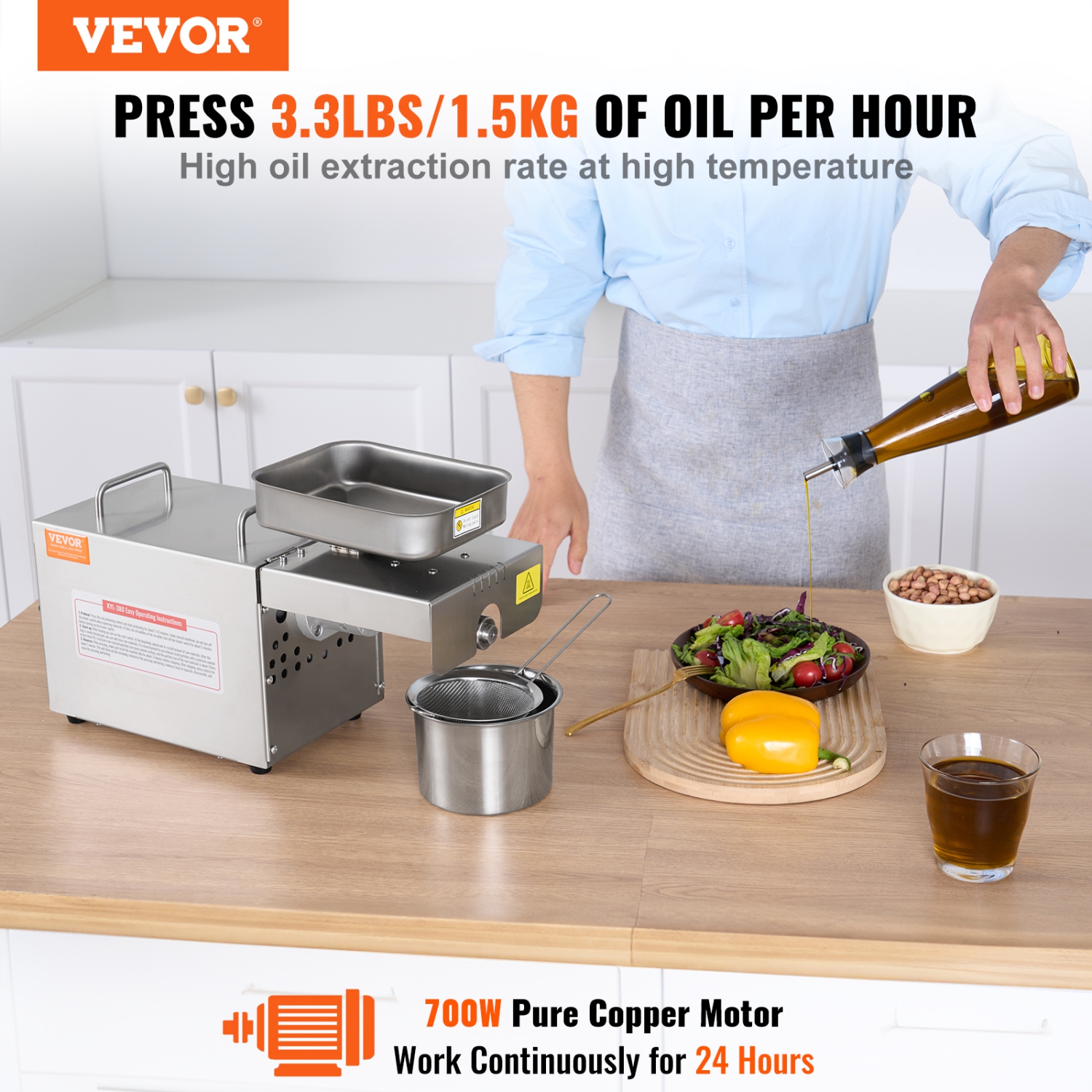 VEVOR 700W Electric Oil Press Machine, Stainless Steel Oil Extractor Machine, 140℃ / 284℉ Constant Temperature, Hot Press Oil Expeller for Pressing