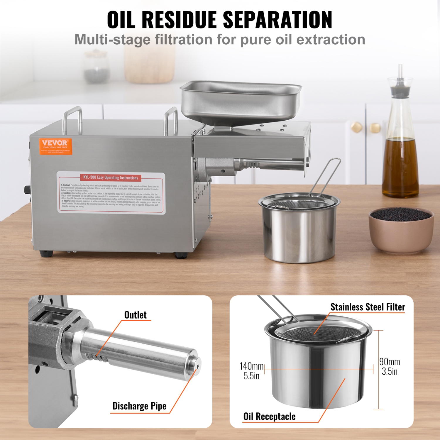 VEVOR 700W Electric Oil Press Machine, Stainless Steel Oil Extractor Machine, 140℃ / 284℉ Constant Temperature, Hot Press Oil Expeller for Pressing