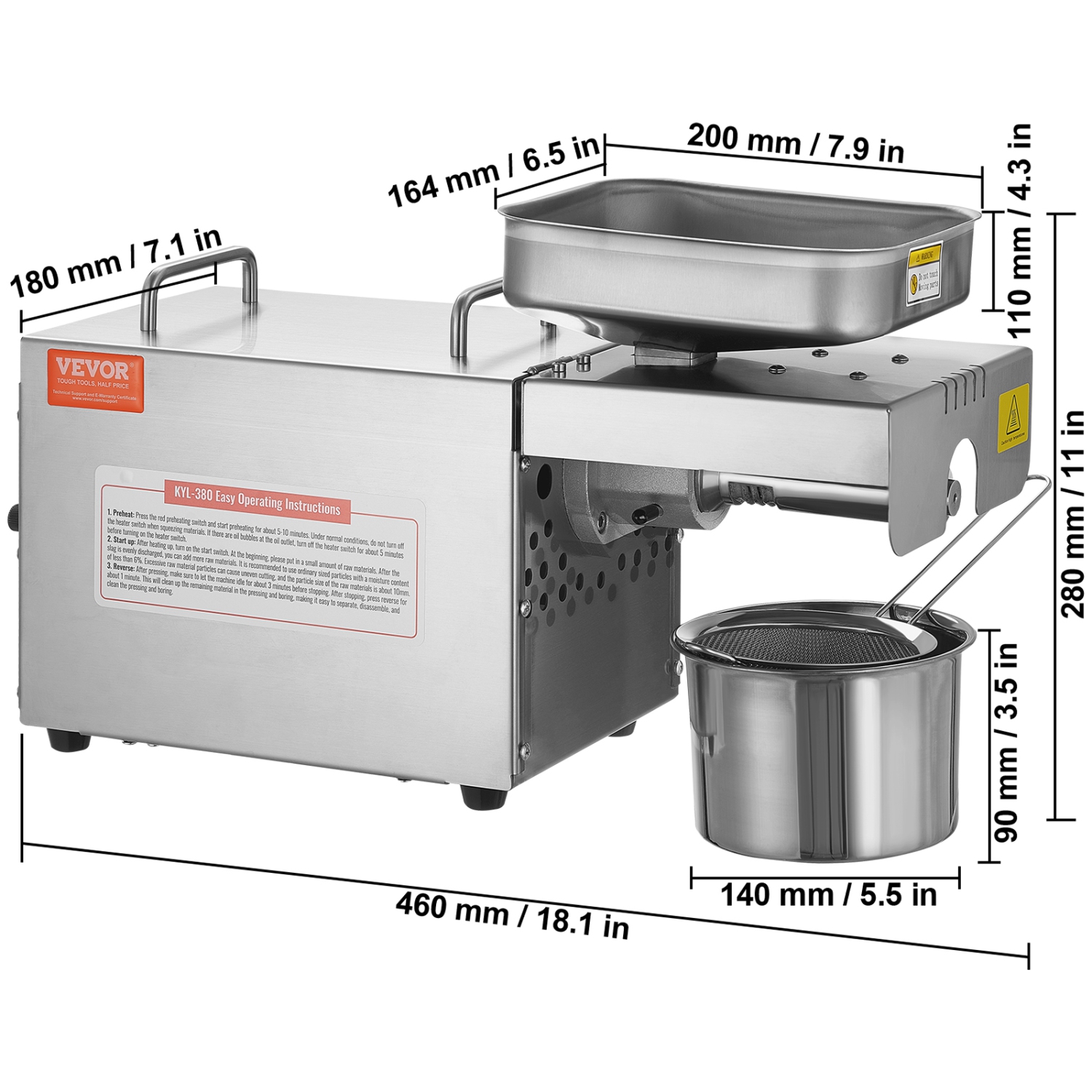 VEVOR 700W Electric Oil Press Machine, Stainless Steel Oil Extractor Machine, 140℃ / 284℉ Constant Temperature, Hot Press Oil Expeller for Pressing