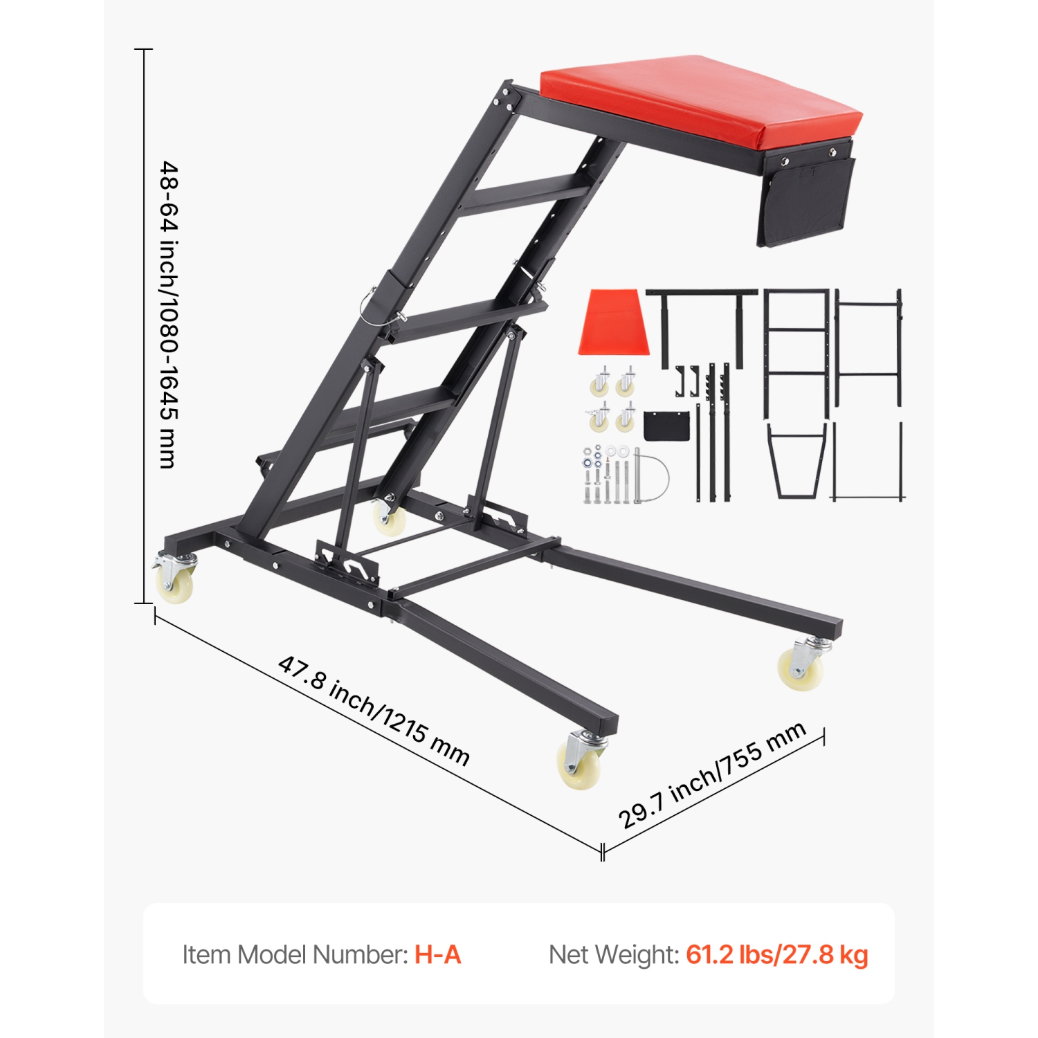 VEVOR Automotive Topside Creeper, Engine Creeper 42.5"-64.8", 400 LBS Capacity High Top Creeper, 4 Swivel Caster Wheels, Padded Deck, Creeper for
