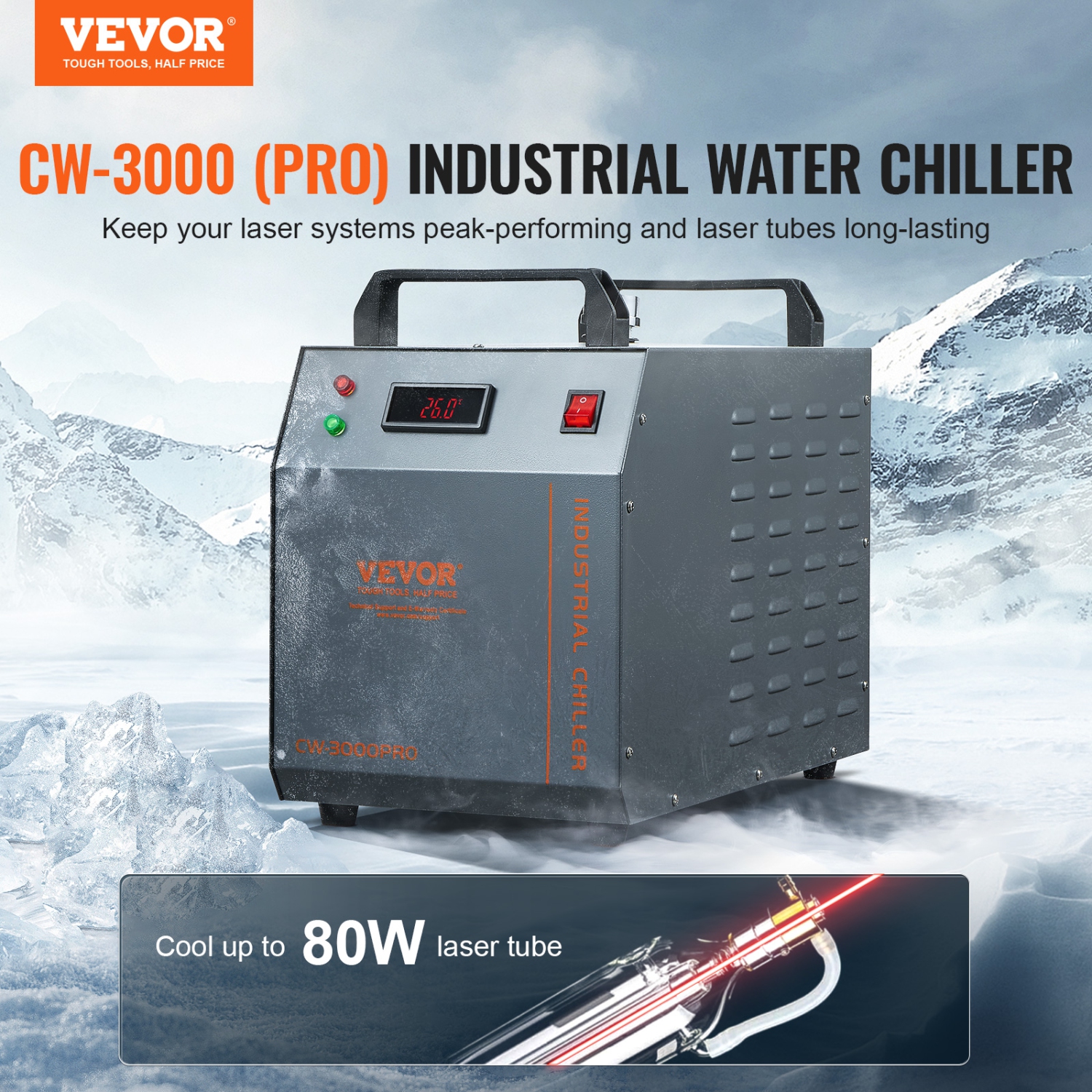Refroidisseur d'eau industriel VEVOR CW-3000(PRO), refroidisseur d'eau industriel refroidi à l'air 150&nbsp;W avec capacité du réservoir d'eau