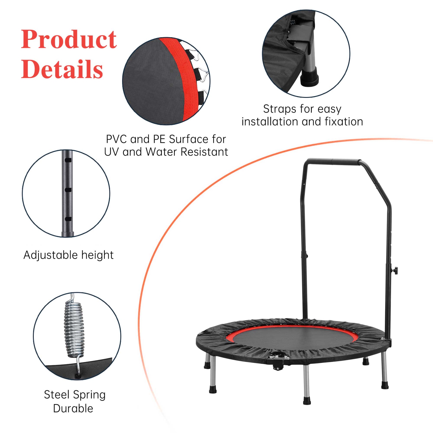 Ainfox 40inch Foldable Mini Trampoline Red Fitness Rebounder with Adjustable Foam Handle