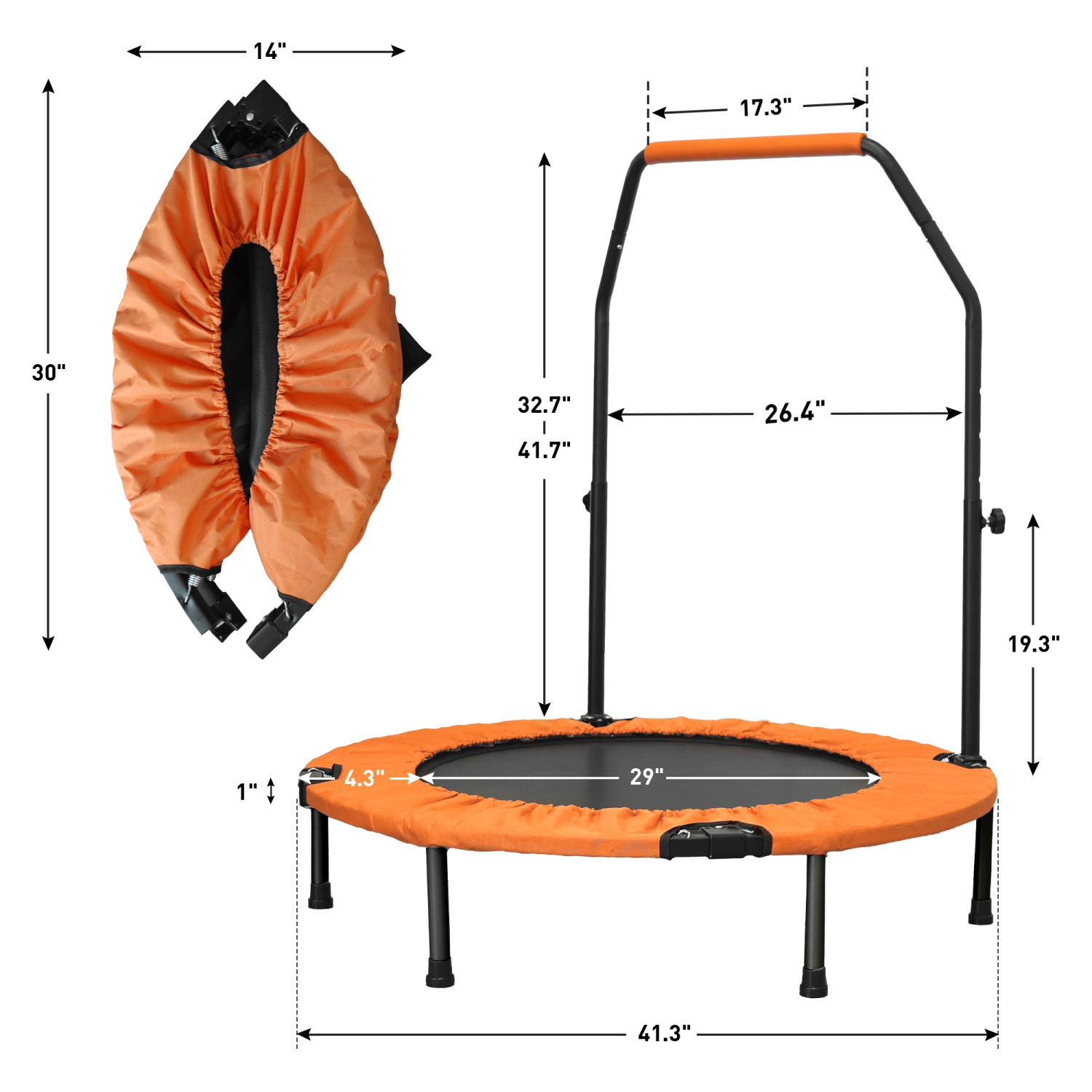 Ainfox 40inch Foldable Mini Trampoline Orange Fitness Rebounder with Adjustable Foam Handle