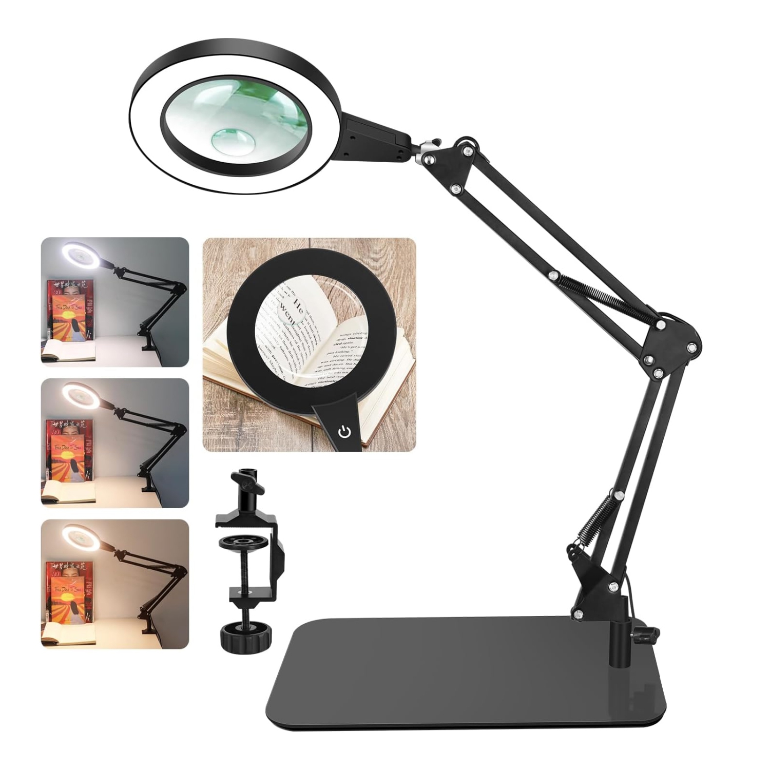 Loupe éclairée 10x avec 72 DEL, 3 modes de couleur, gradation à 10 niveaux, pince et base, idéale pour la lecture et les réparations