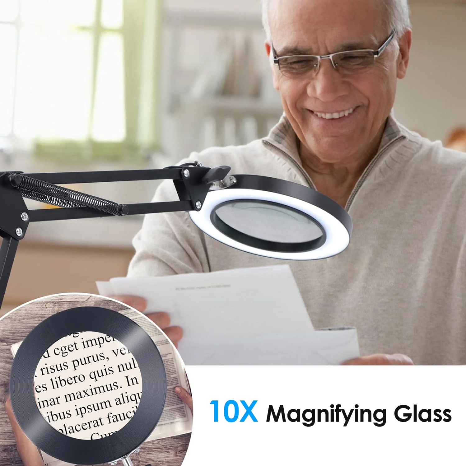 Loupe éclairée 10x avec 72 DEL, 3 modes de couleur, gradation à 10 niveaux, pince et base, idéale pour la lecture et les réparations