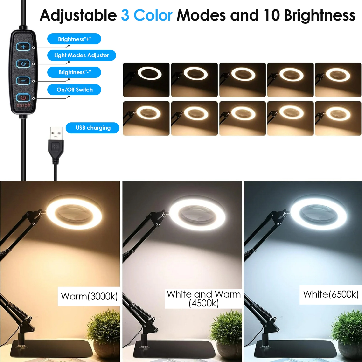 Loupe éclairée 10x avec 72 DEL, 3 modes de couleur, gradation à 10 niveaux, pince et base, idéale pour la lecture et les réparations
