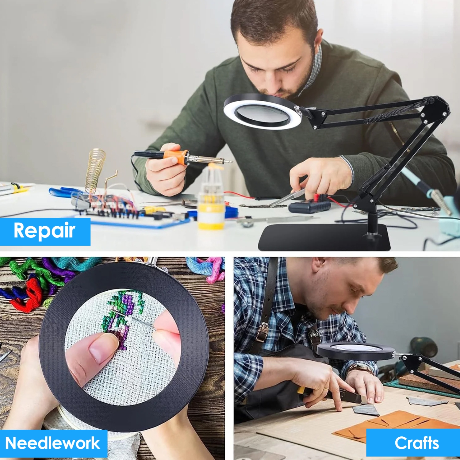 Loupe éclairée 10x avec 72 DEL, 3 modes de couleur, gradation à 10 niveaux, pince et base, idéale pour la lecture et les réparations