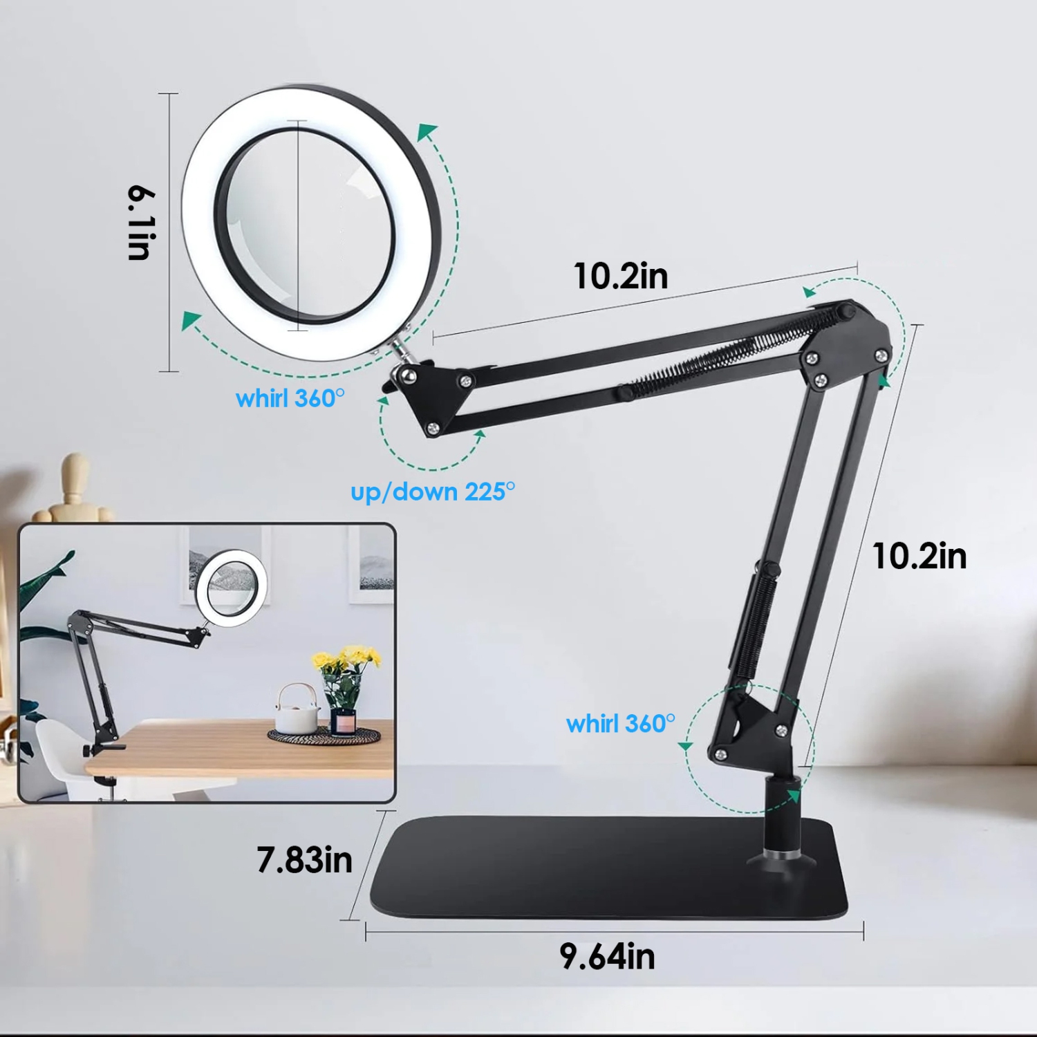 Loupe éclairée 10x avec 72 DEL, 3 modes de couleur, gradation à 10 niveaux, pince et base, idéale pour la lecture et les réparations