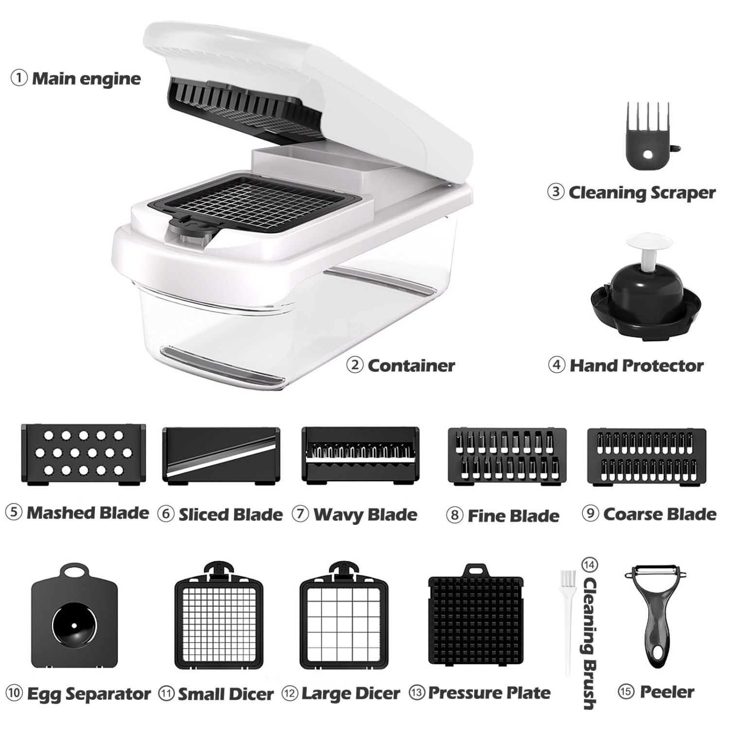 15-in-1 Vegetable Chopper and Cheese Grater with Container, Onion Slicer and Kitchen Gadget Set